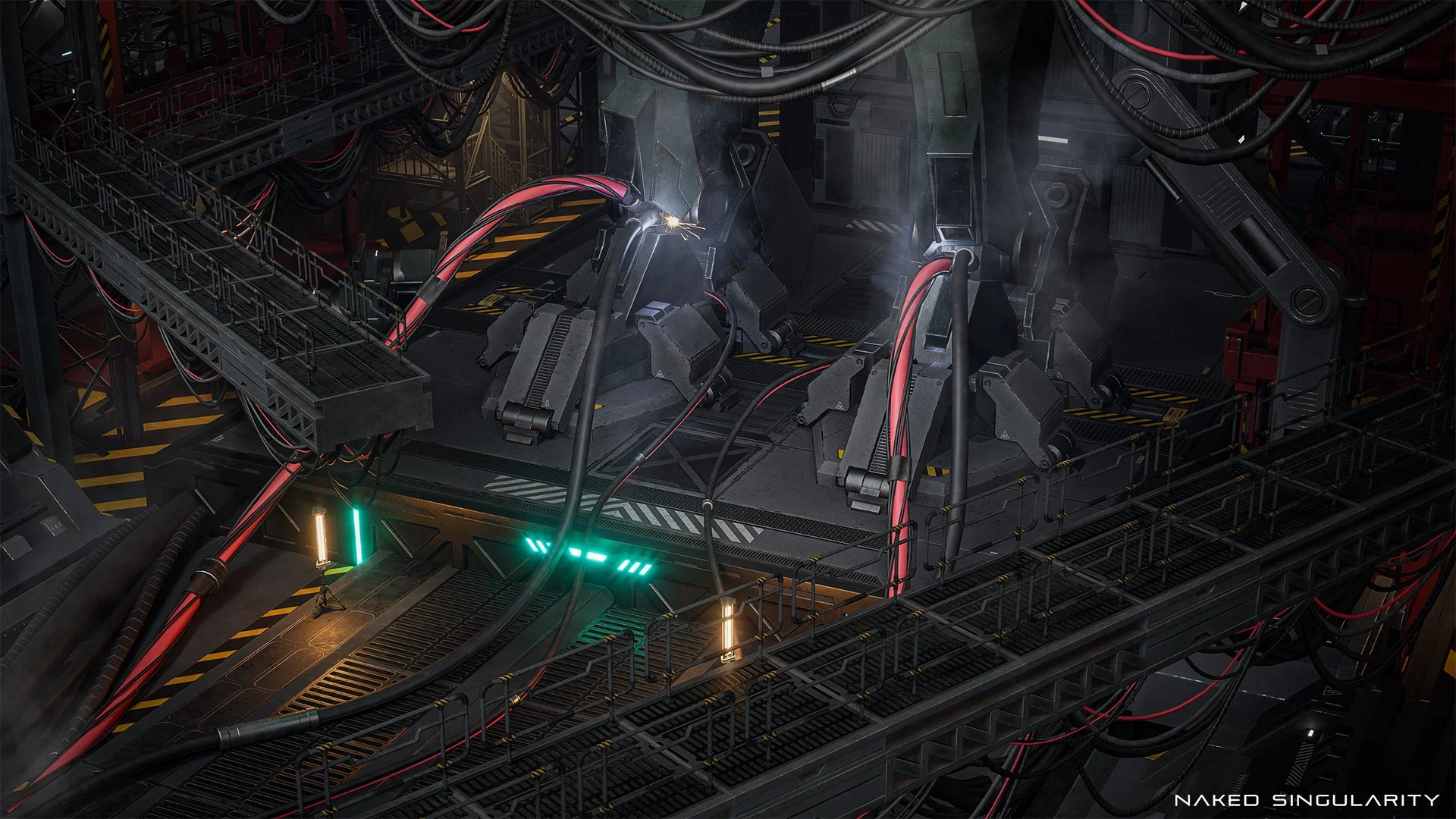 Futuristic industrial scene with robotic machinery, cables, and metal walkways, resembling a sci-fi manufacturing or research facility.