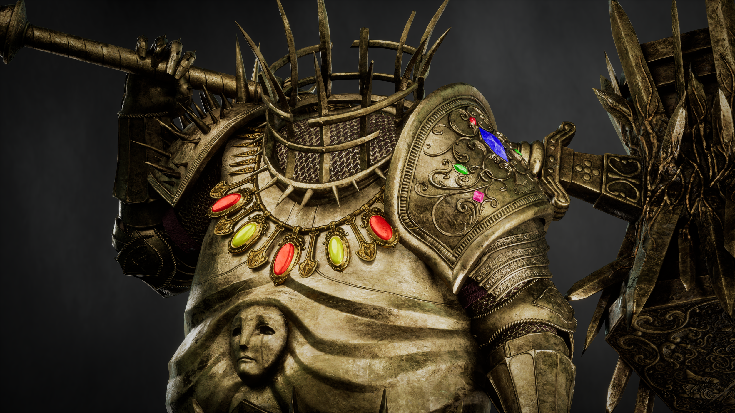 Close-up of a fantasy armor costume with decorative jewelry, spikes, and colorful gemstones, including a chest piece featuring a face design, and a large shield with intricate patterns.