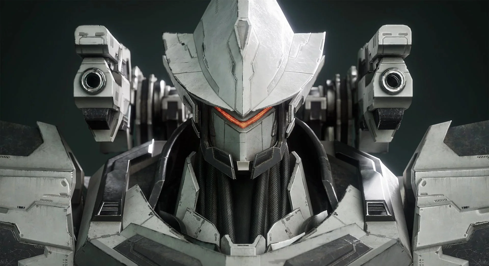 Close-up of a humanoid robot with a white helmet, glowing orange eyes, and black and gray armor, facing forward.