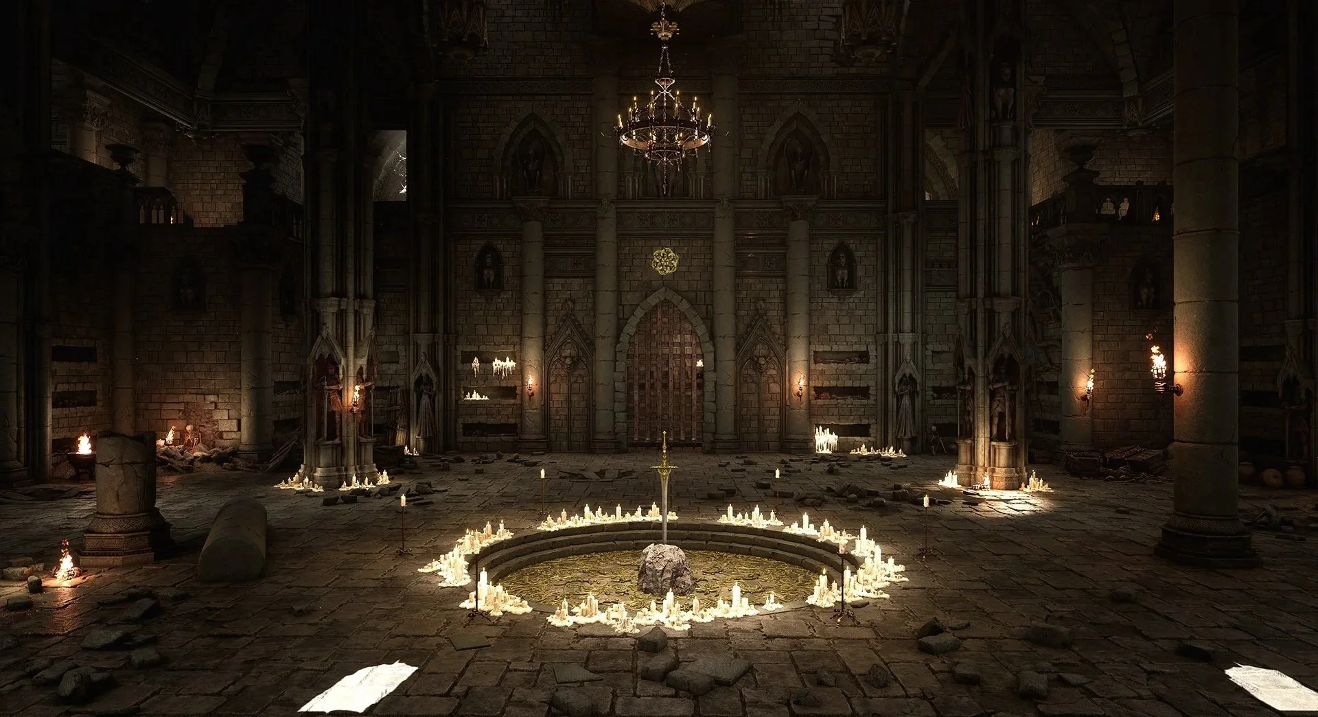 A dimly lit, abandoned castle hall with candles surrounding a circular stone fountain, scattered debris, fallen columns, and medieval architectural details.