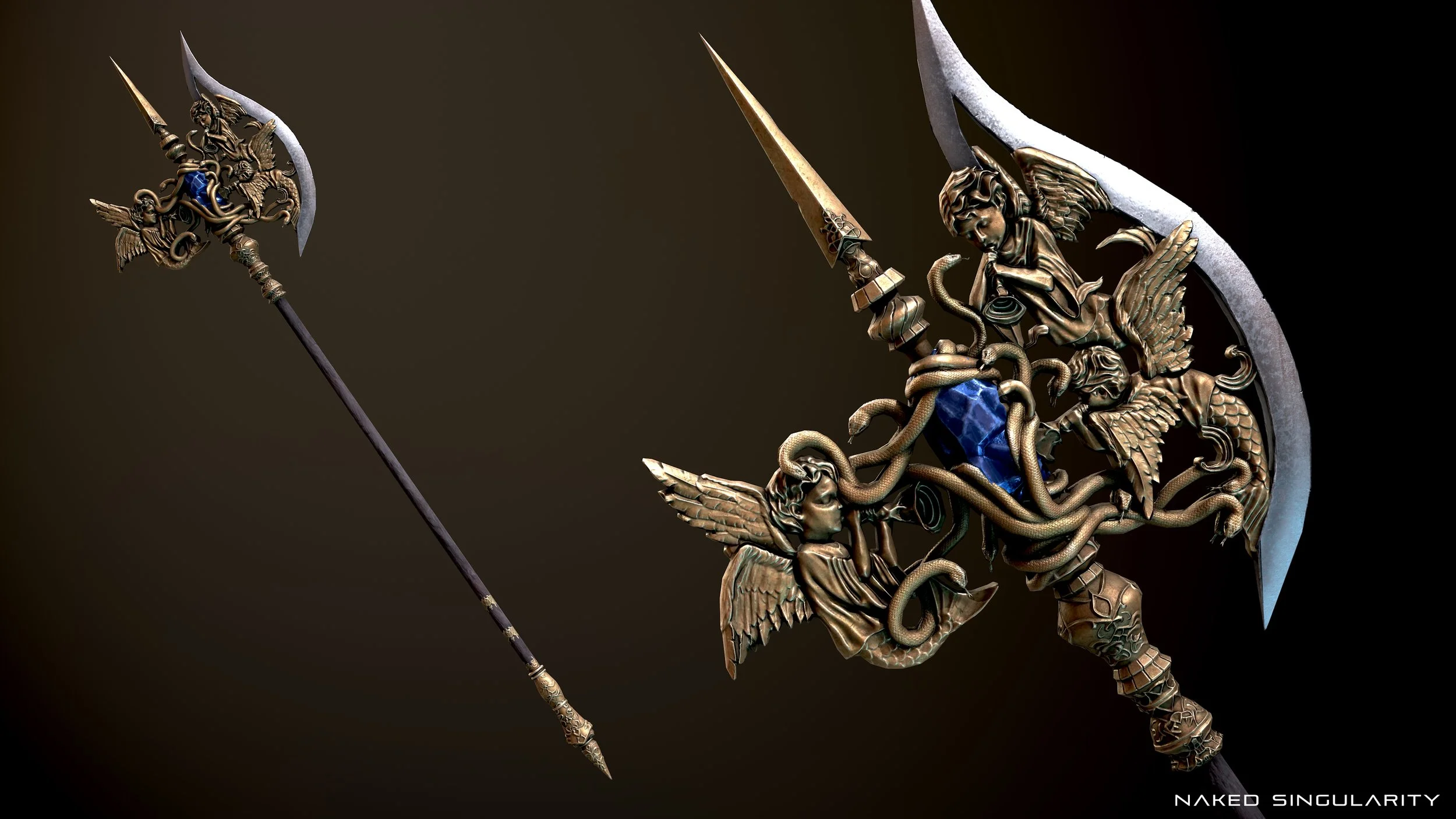 Ornate fantasy staff and a detailed miniature sculpture with angels, serpents, and a blue gemstone, against a dark background.