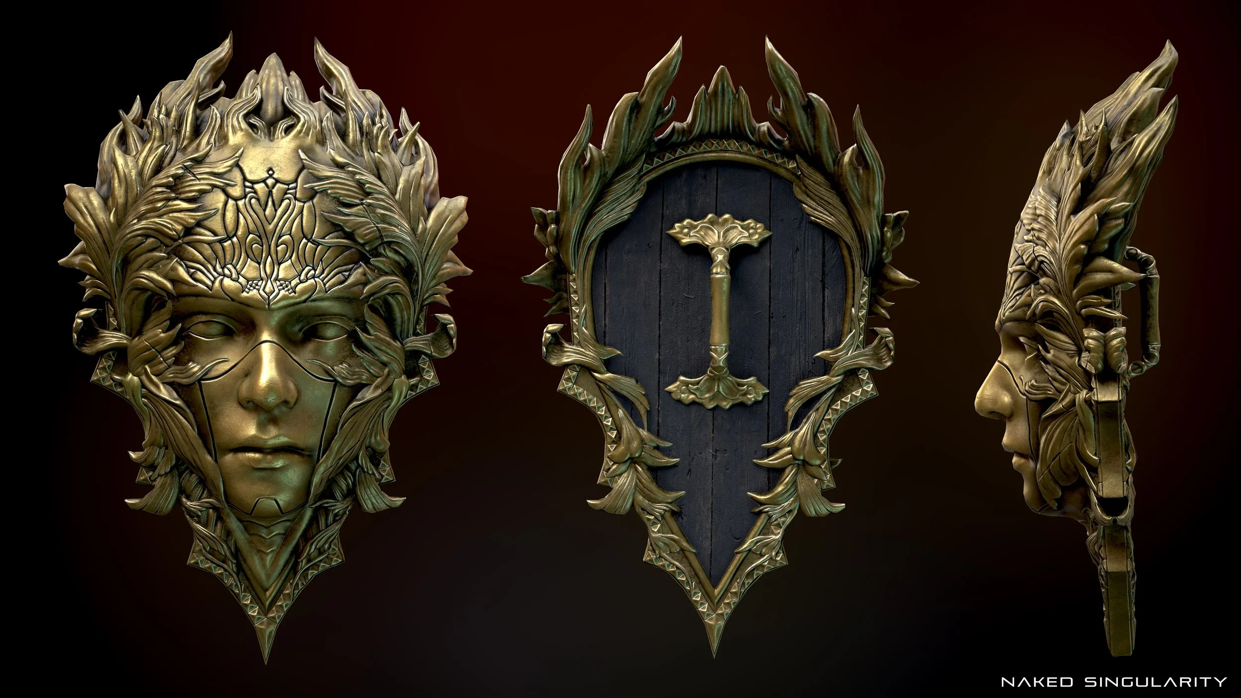 Three ornate metallic masks and a shield with a hammer symbol, displayed against a dark background, with the words 'Naked Singularity' in the bottom right corner.