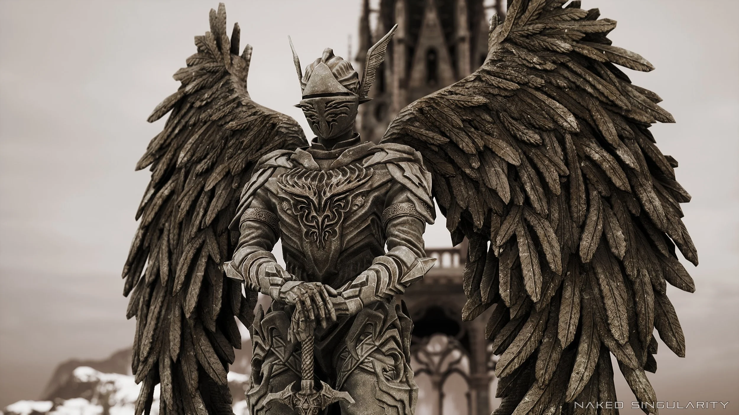 Close-up of a warrior statue with large feathered wings, wearing armor, holding a sword, with a castle in the background under a cloudy sky.