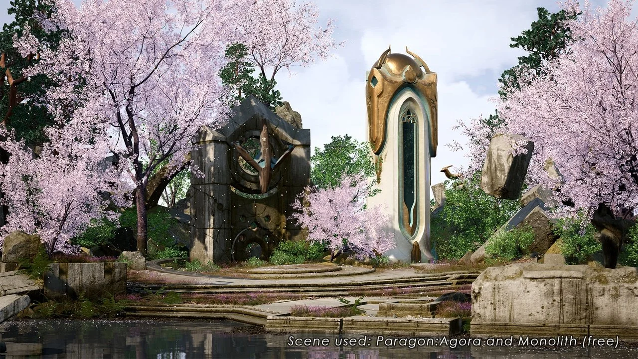 A fantasy landscape with pink cherry blossom trees, ancient stone structures, and a tall modern monument in the center, set near a body of water.