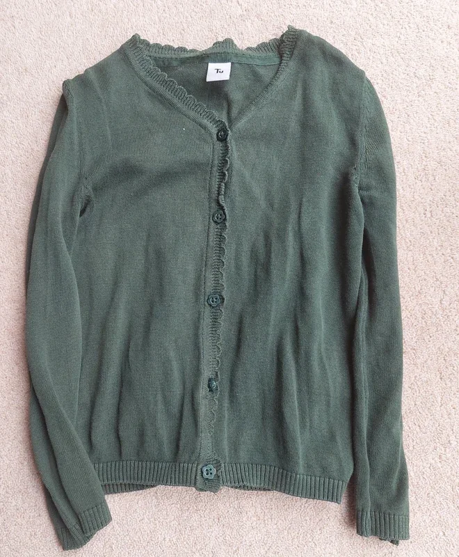 Girls green school cardigan. 6y. Sainsbury.