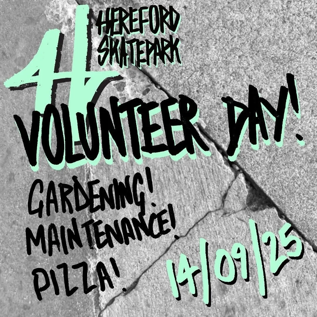 Shoutout for a Volunteer Day at herefordskatepark this Sunday &mdash; we&rsquo;ll be doing some gardening, brick cleaning, brick laying &amp; general cleanup. Big thanks to the @herefordskateparkcommunitycafe for keeping us fuelled with delicious piz