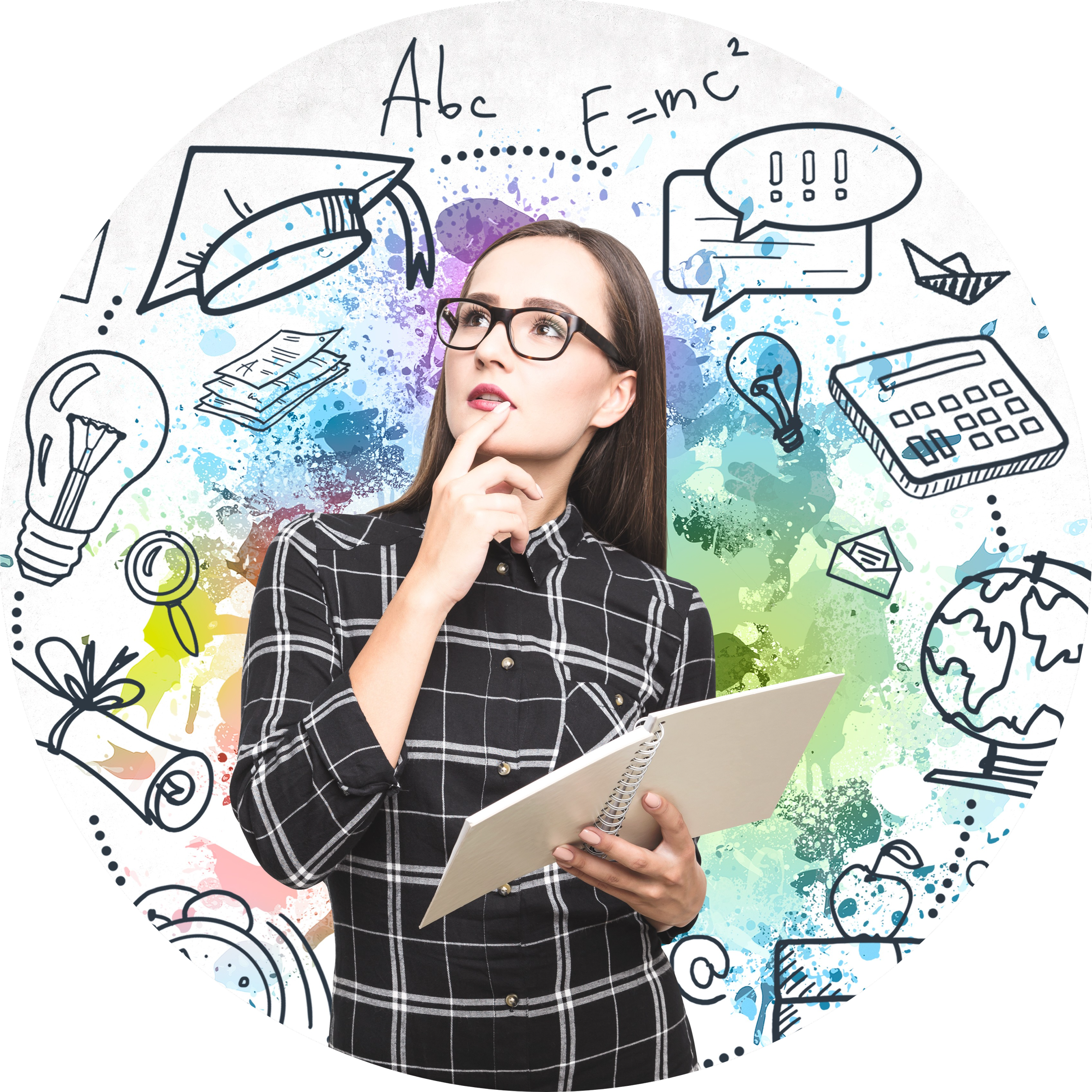 Young woman with glasses holding a notebook, surrounded by doodles of school and learning-related objects such as lightbulbs, a globe, a calculator, a graduation cap, and speech bubbles, with a colorful watercolor background.