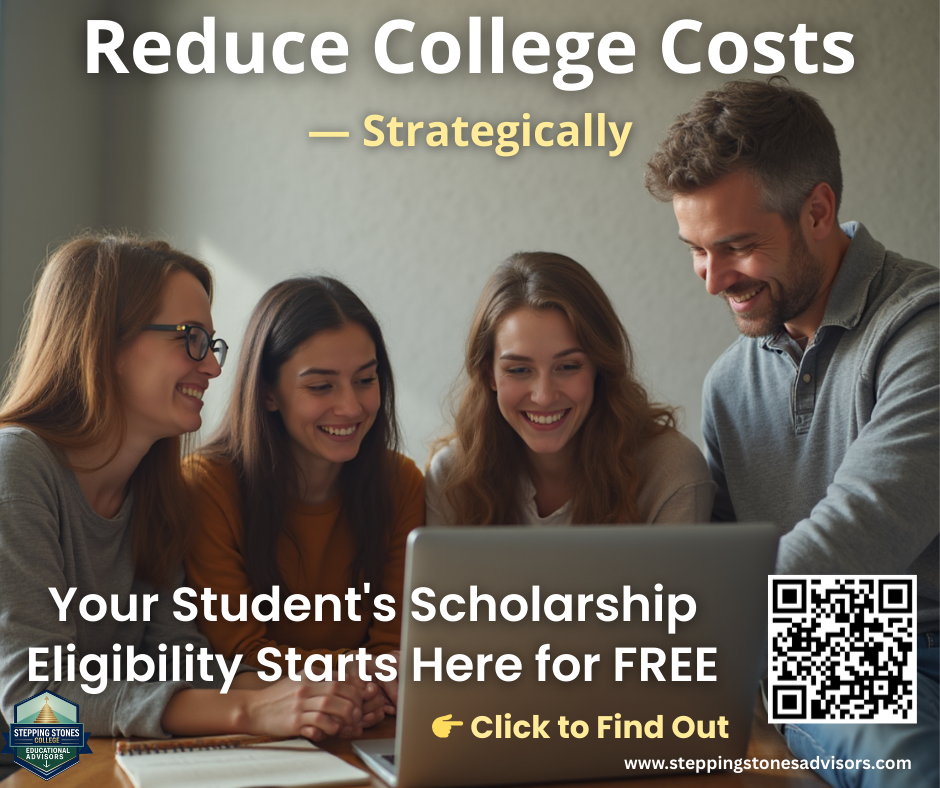 Group of four young people sitting at a table, looking at a laptop and smiling, with text promoting reducing college costs and scholarships, a QR code, and a website link.