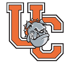 Cartoon bulldog mascot in front of a large letter 'L' and 'C' in orange and black.