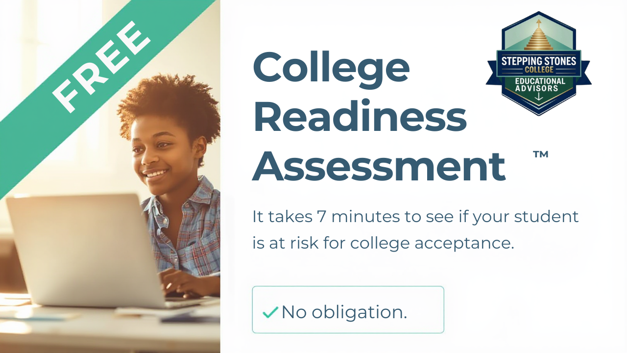A young girl smiling and sitting in front of a laptop, promoting a free college readiness assessment service.