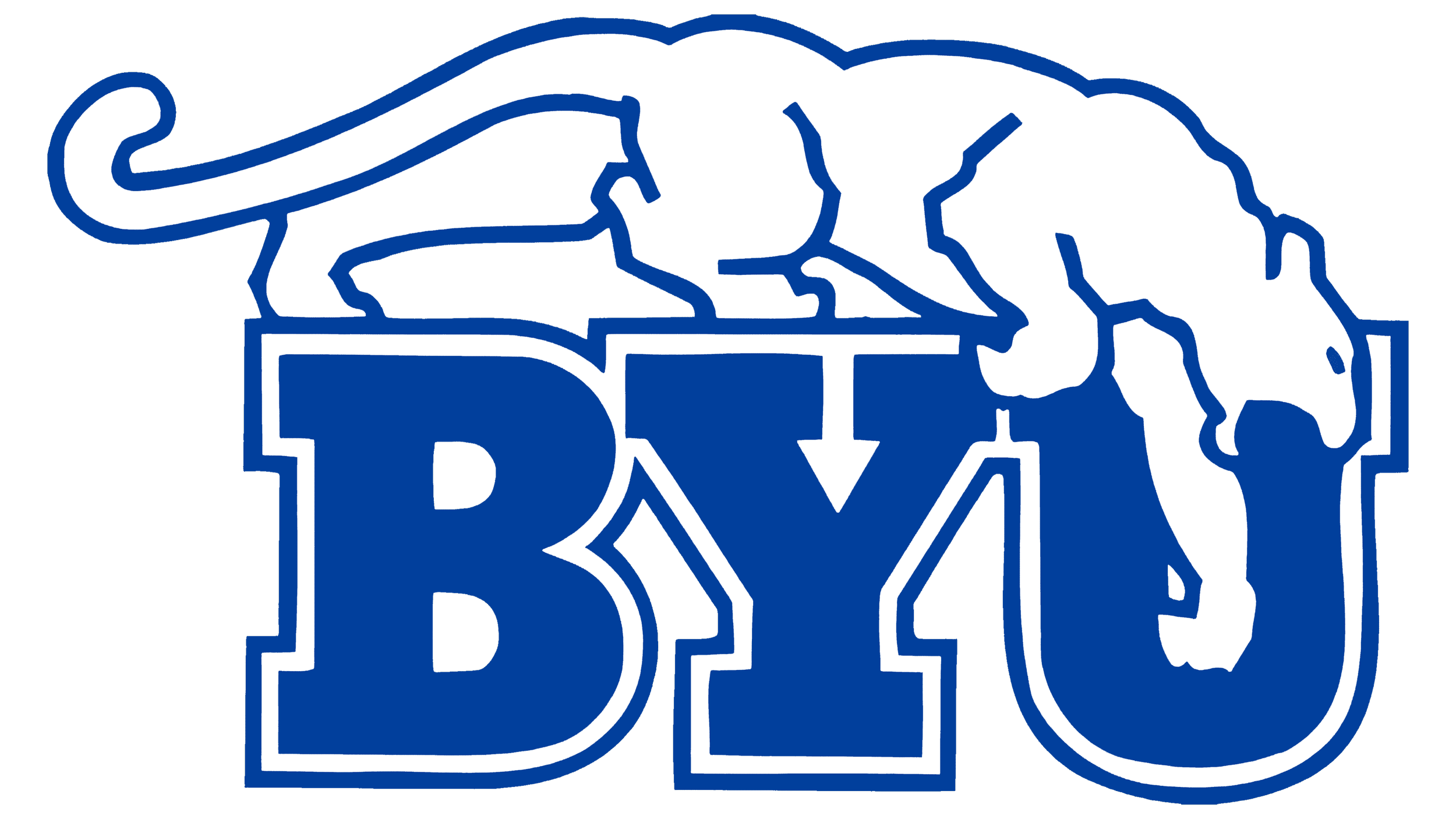 Logo of BYU football featuring a white cougar on top of large blue letters 'BYU'.