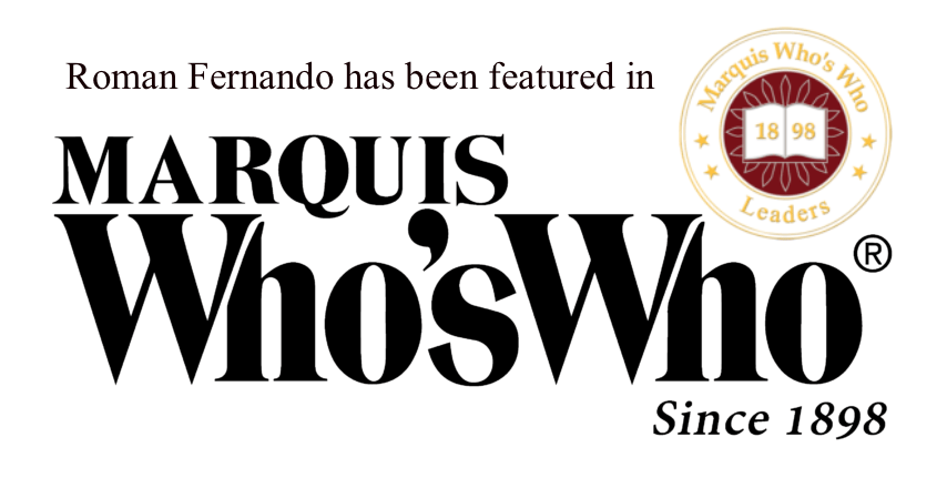 Logo of Marquis Who's Who, featuring a gold circular emblem with a red book and the year 1898, and text indicating Roman Fernando has been featured in Marquis Who's Who since 1898.