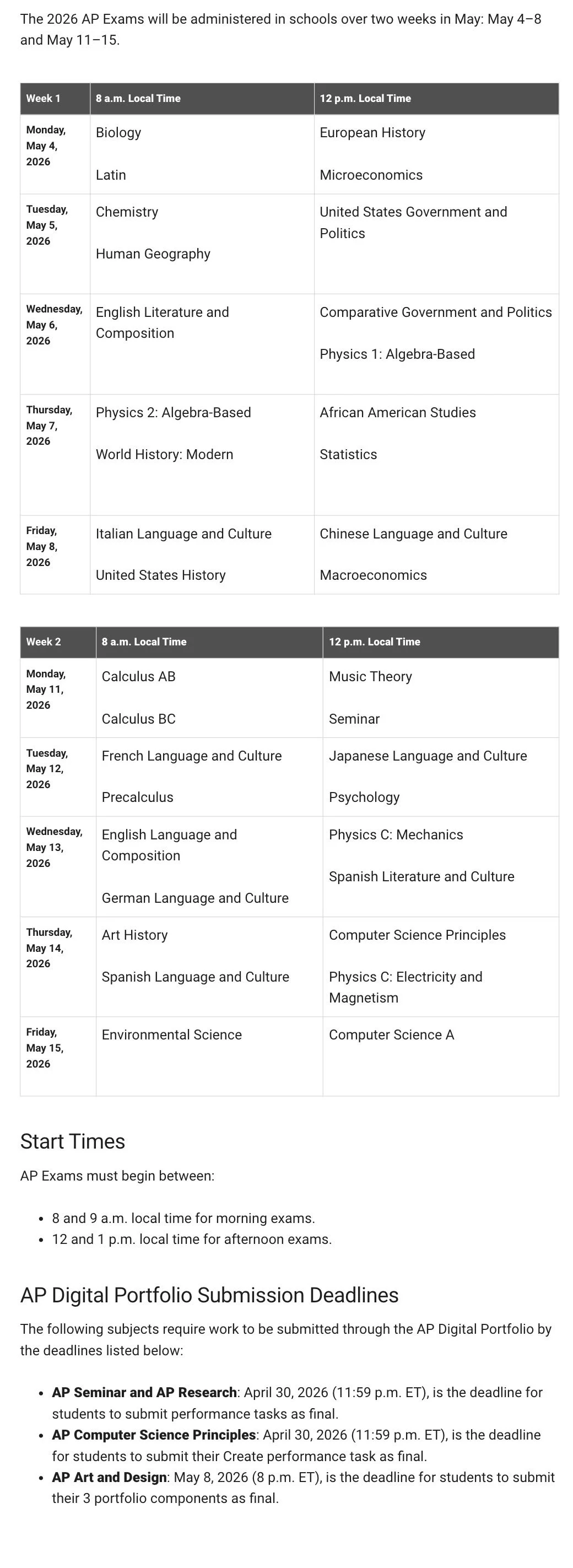2026 AP exam schedule with courses listed by date and time, including subjects like Biology, Chemistry, English Literature, Physics, Languages, History, Art, and Science.