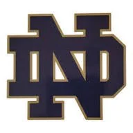 Notre Dame logo with interlocking ND letters in dark blue and gold.