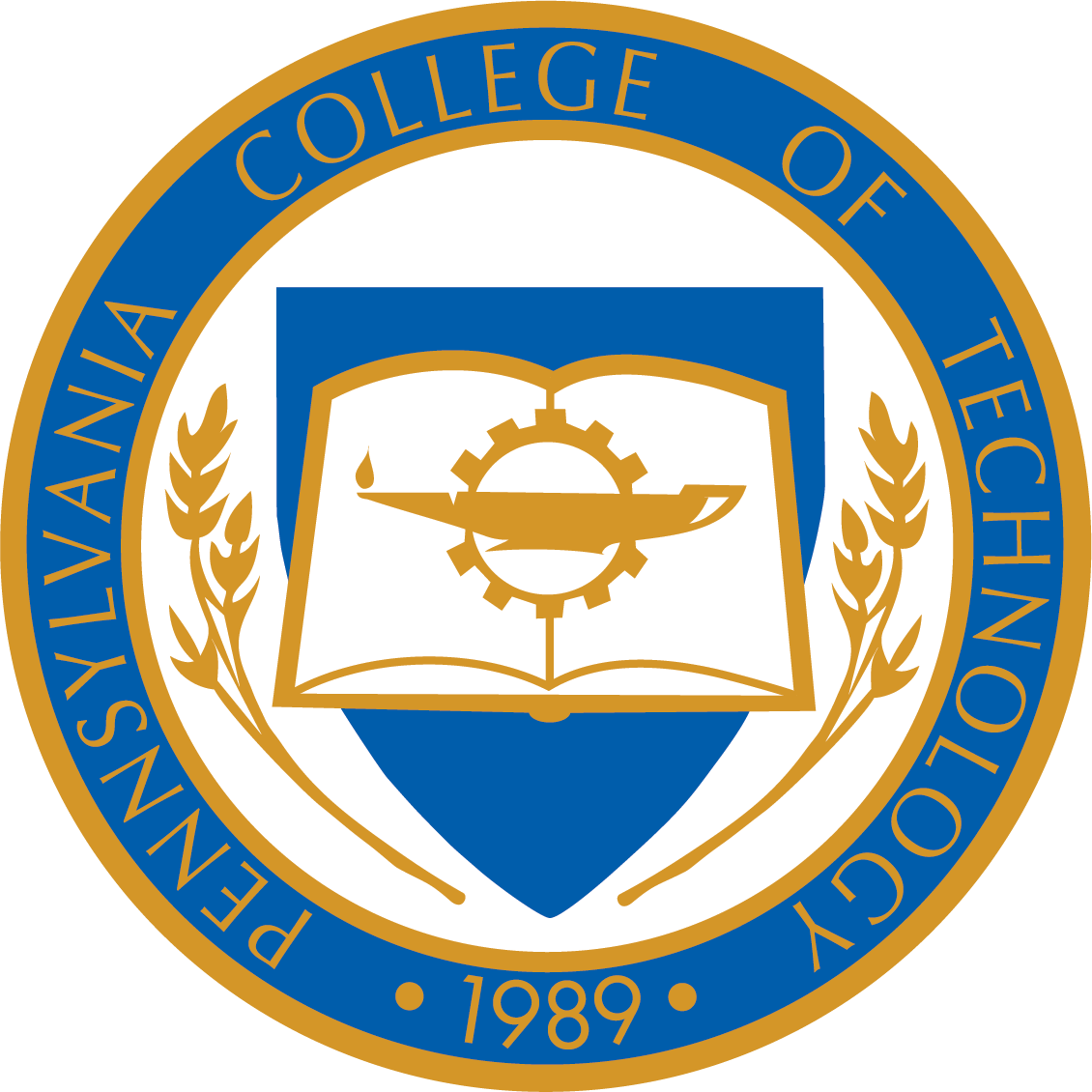 Sealed emblem of Penn State Erie, The Behrend College, with a gear, a compass, an open book, and laurel branches against a blue and white shield.