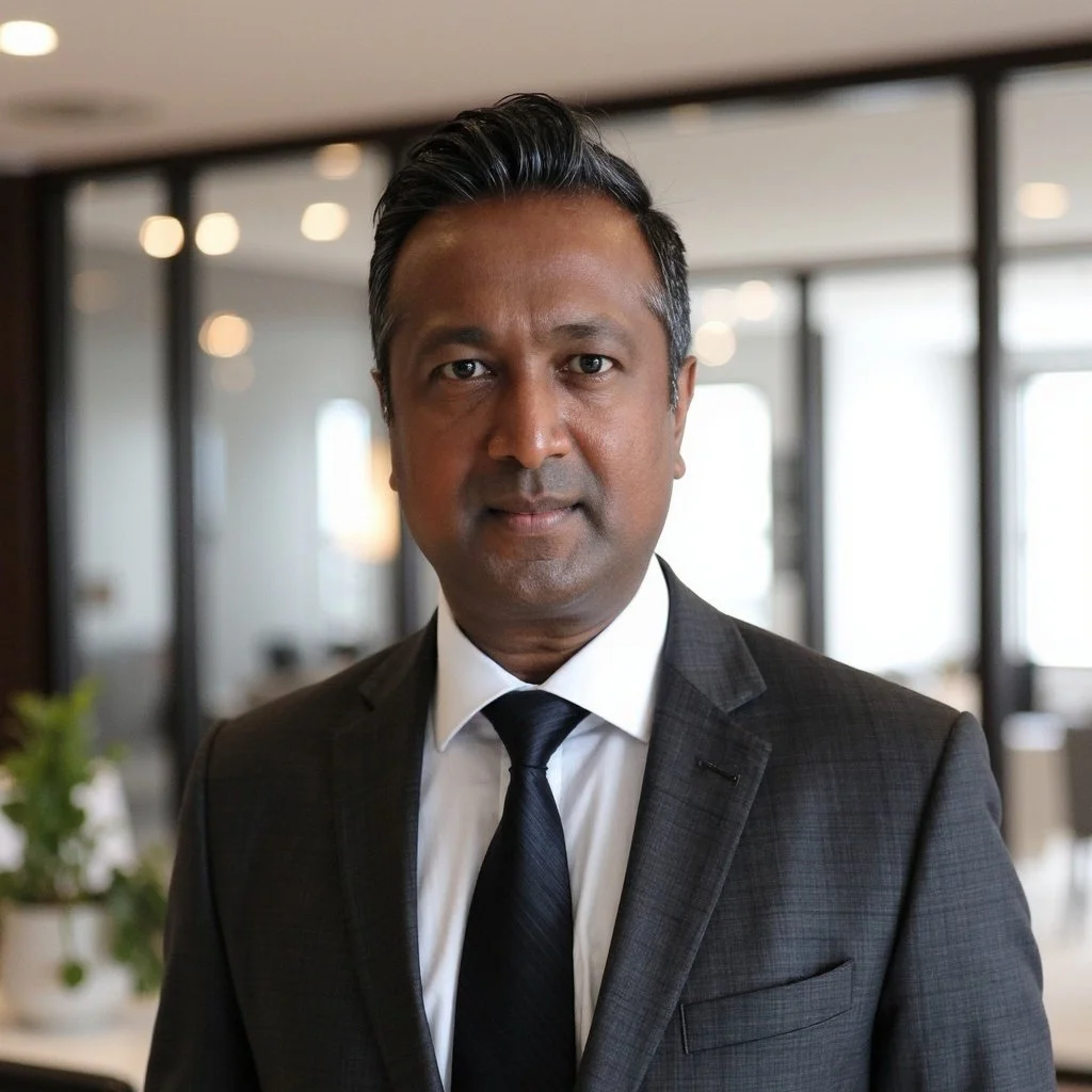 A professional man in a dark suit, white shirt, and dark tie posing for a photo in an office setting.