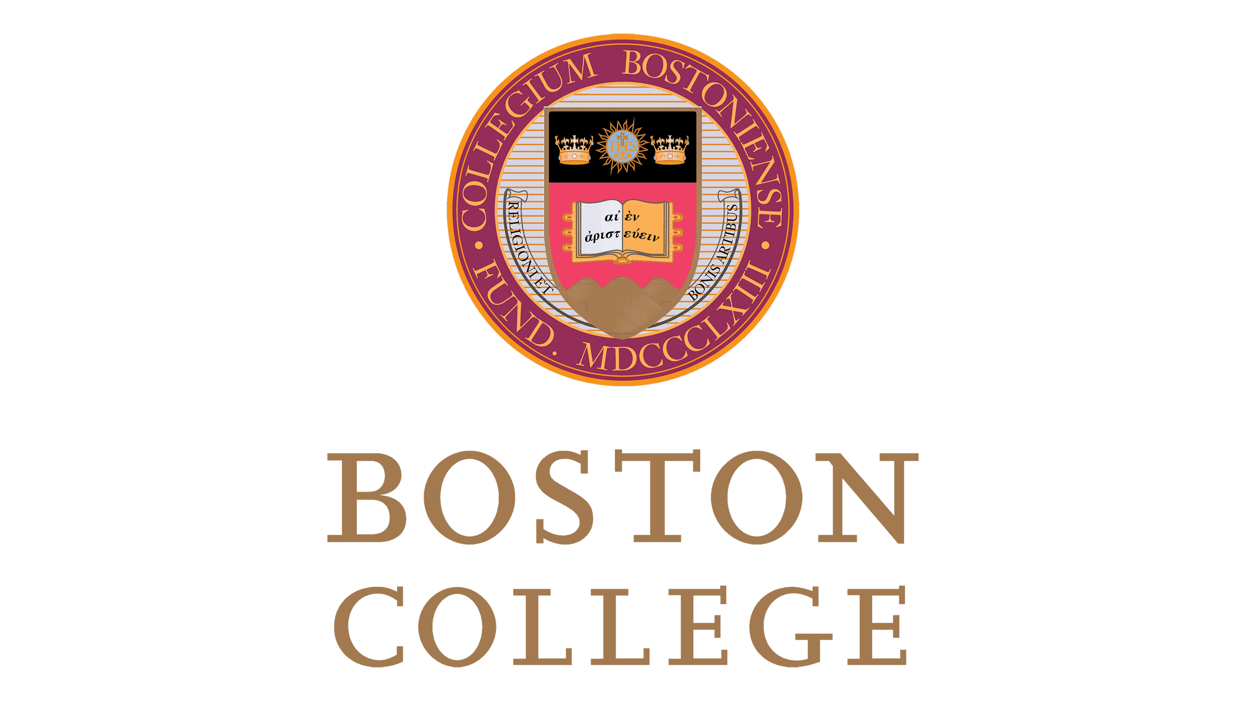 Boston College logo featuring a shield with a book and Latin inscription, surrounded by the words 'Boston College' and Roman numerals, with 'Boston College' text below.