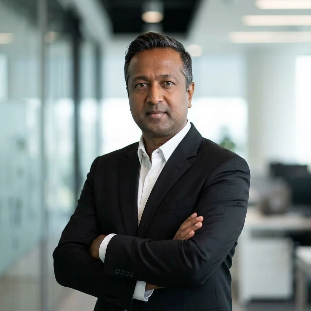 A confident South Asian businessman in a black suit with arms crossed, standing in a modern office with glass walls and blurred background.