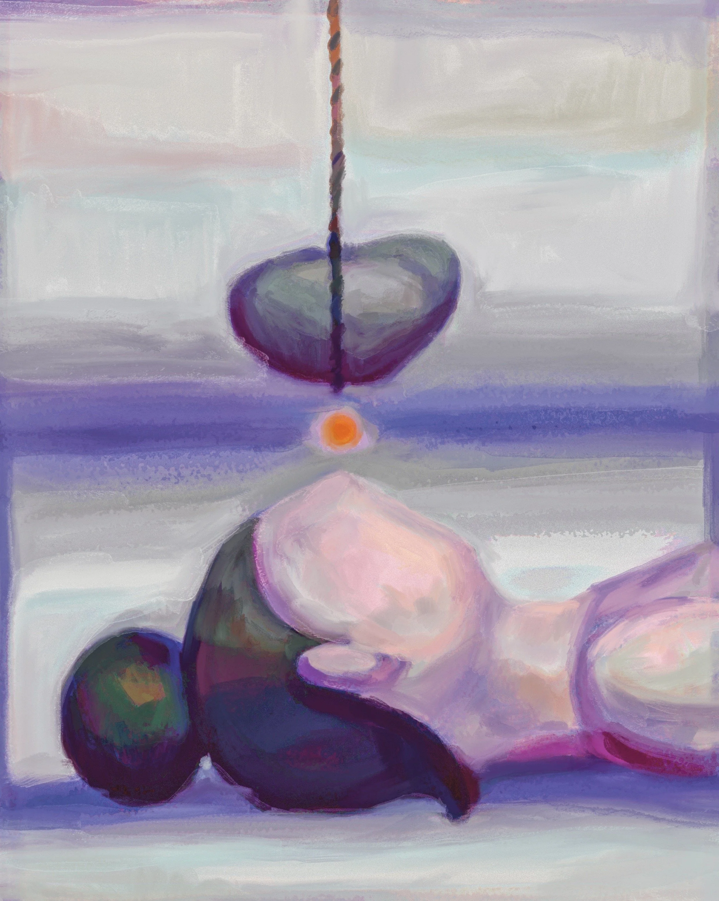 Heavy Companion, 2026.

A dense stone hangs suspended over her face, held in motionless potential. Between the heavy mass and fragile skin, a distant sun glows along the horizon — a luminous buffer at the point of collision. 