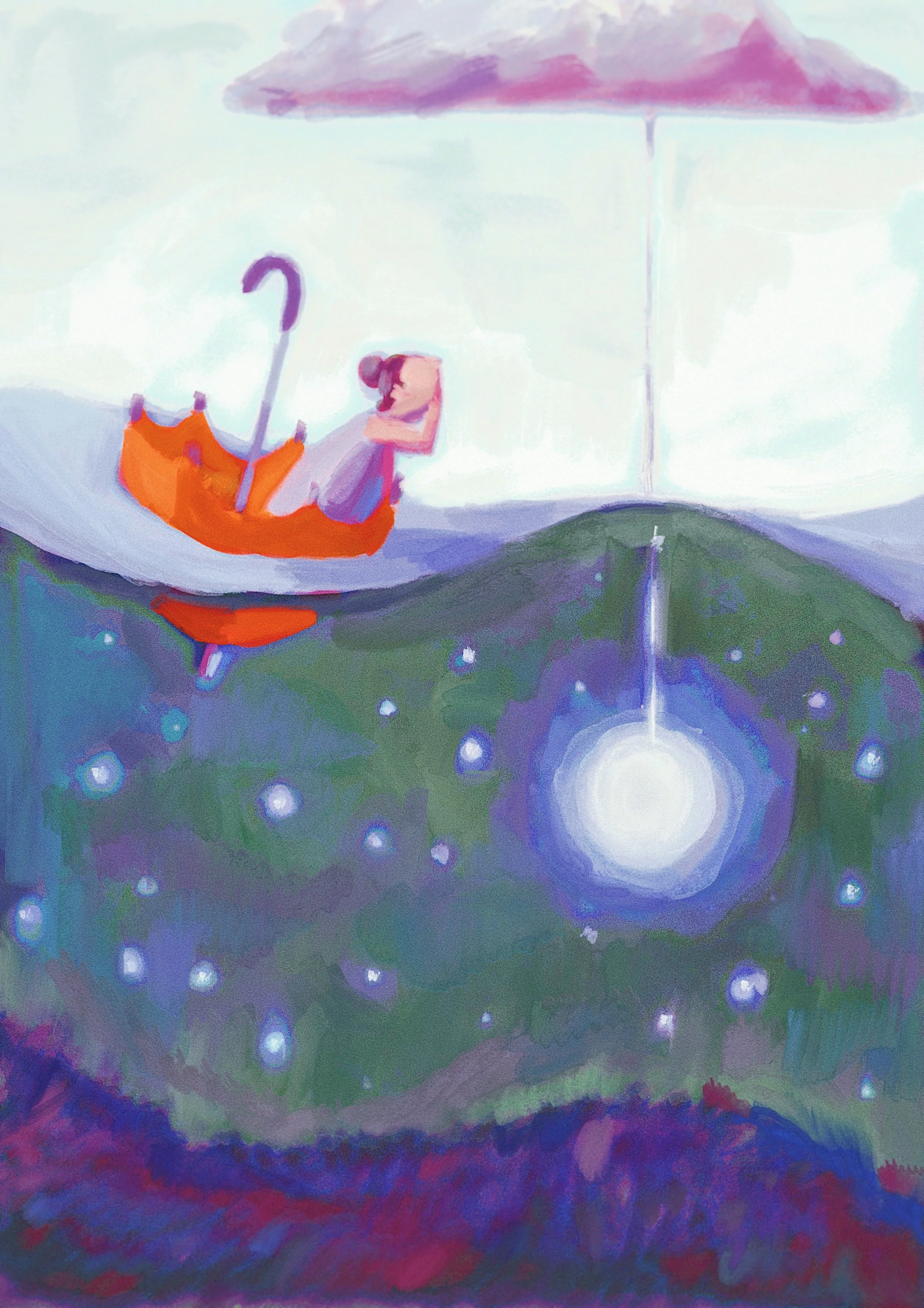Afloat on the Staged Deep, 2026.

No longer taken by the beacon's glow, she looks to the cloud above from which the bait is dropped.
