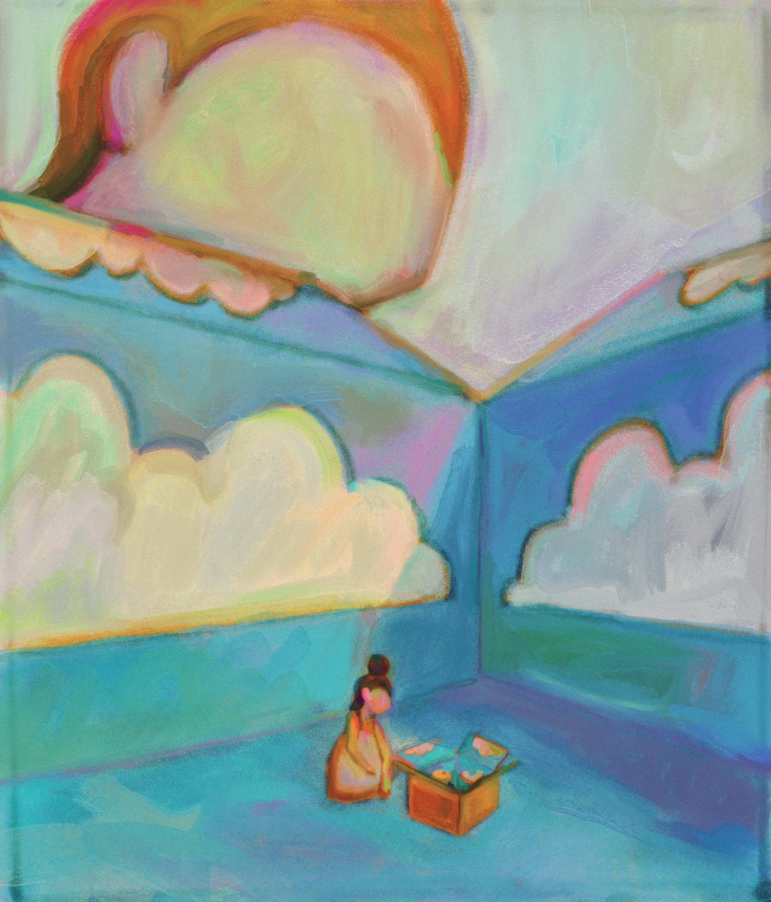 Nested Sky, 2026.

Peering into a box painted like the sky, she watches herself repeat the gesture below, while her own colossal head looms from above outside the box.