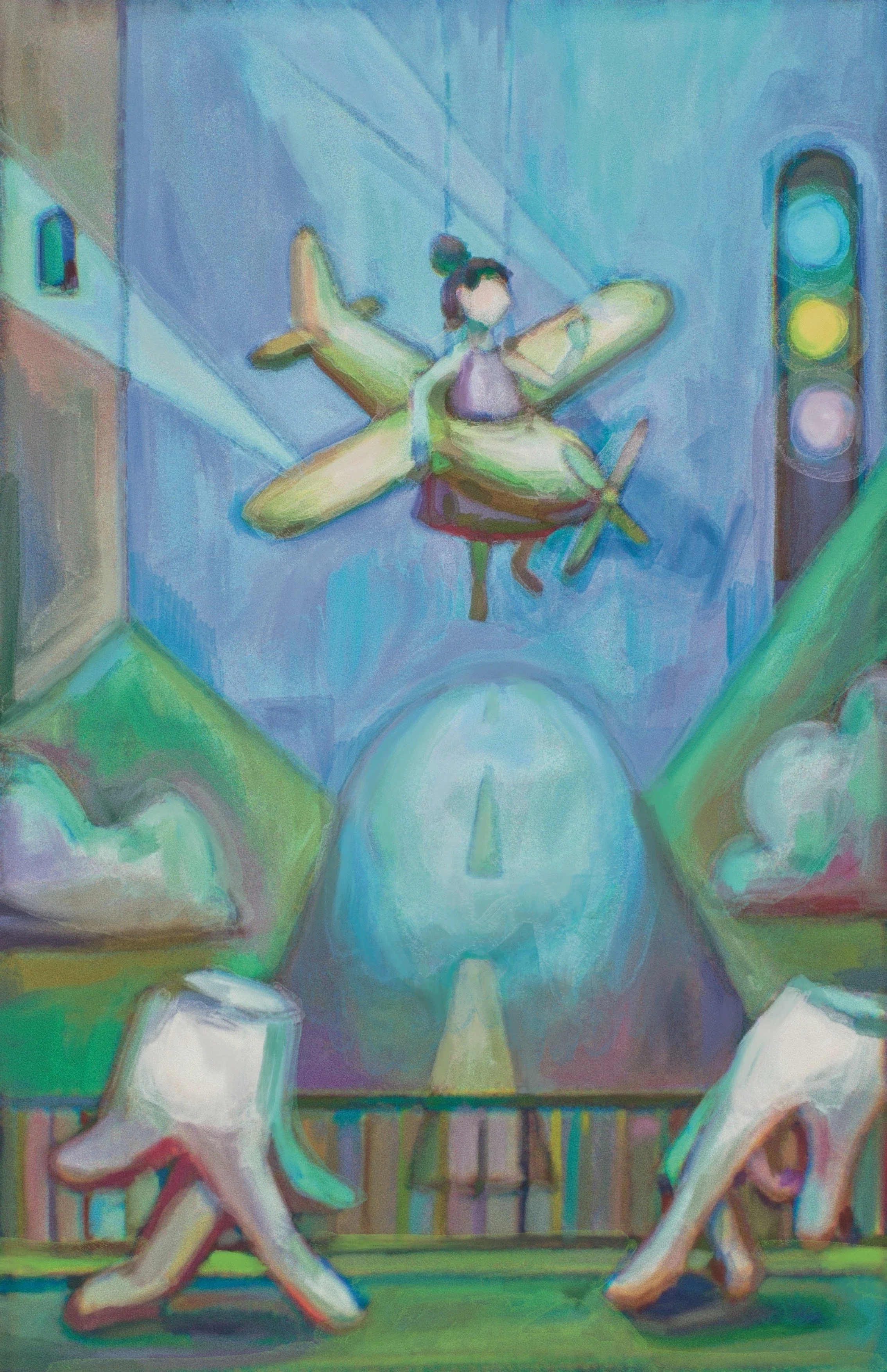 Indoor Flight, 2026.

A stationary prop hung above the tunnel road, watched by gloved walkers under artificial light. The engine holds its place beneath indoor rafters while the footbridge traffic moves on below.