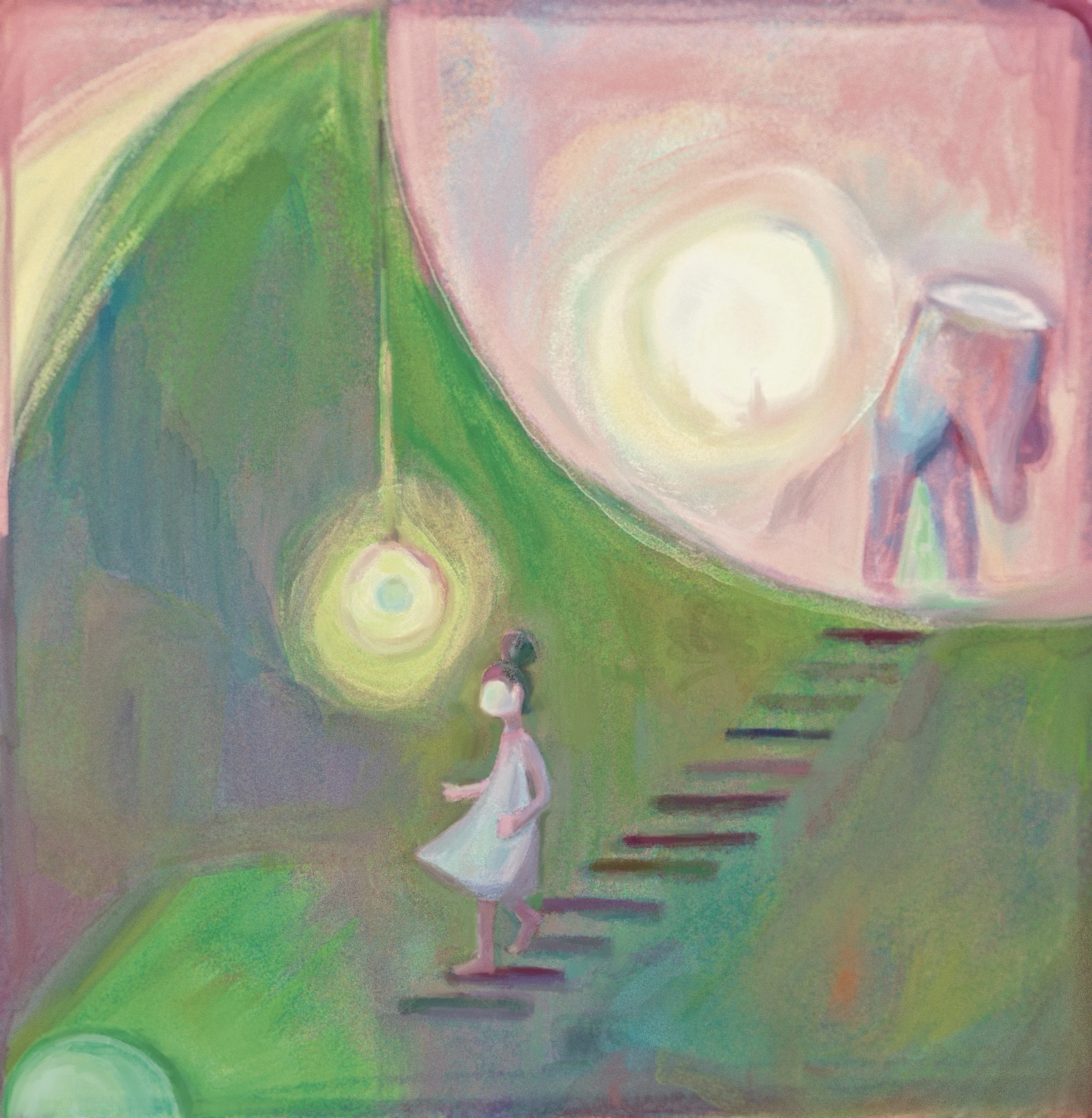 Turned Back, 2026.

Barred from the crest by a towering guardian, she descends toward the lower archway under an artificial bulb, leaving a distant silhouette inside the sun.