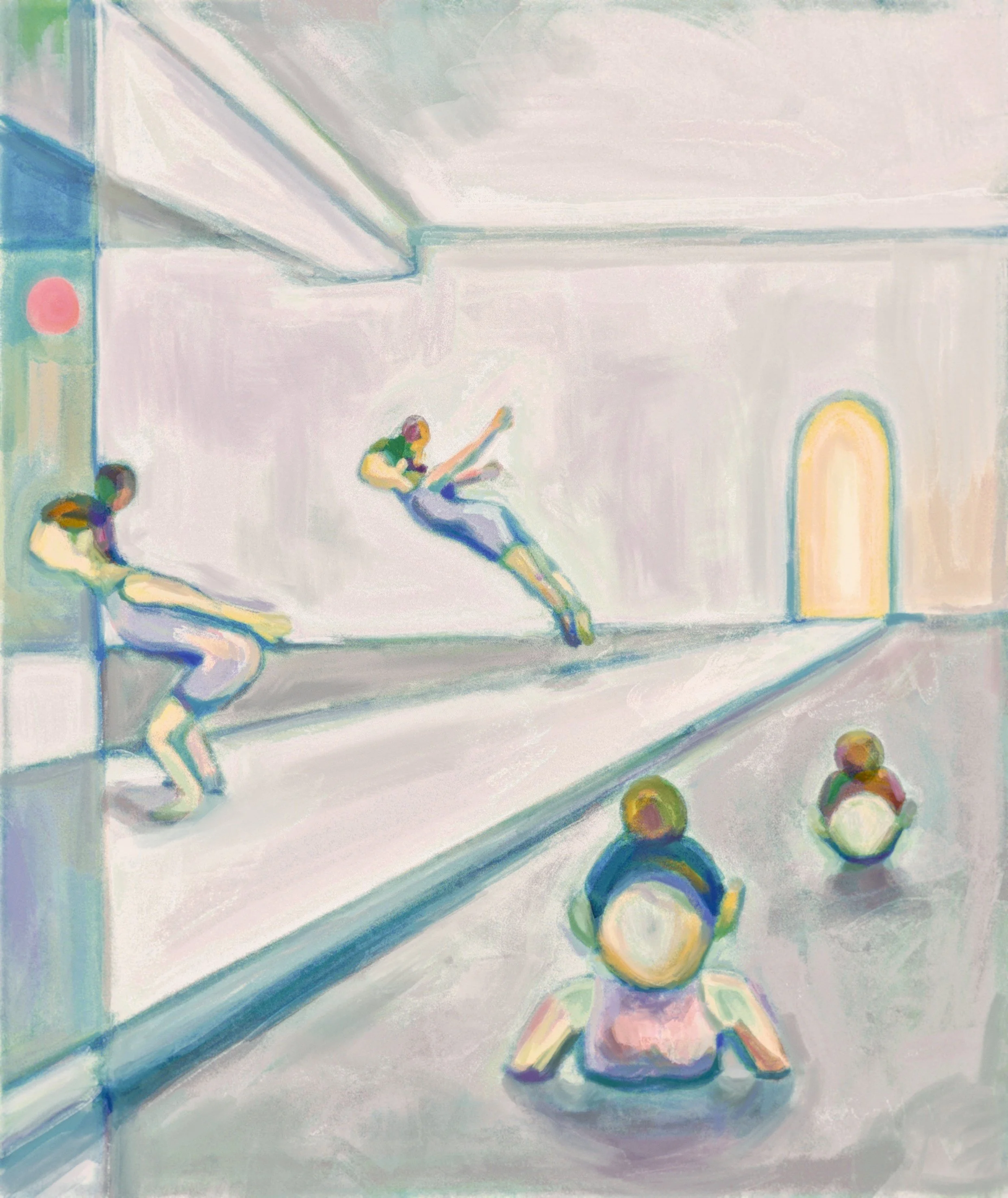 Concrete Water, 2026.

Turning away from the illuminated arch, swimmers leap and dive into the solid floor, abandoning the open door for an impossible passage through concrete. 