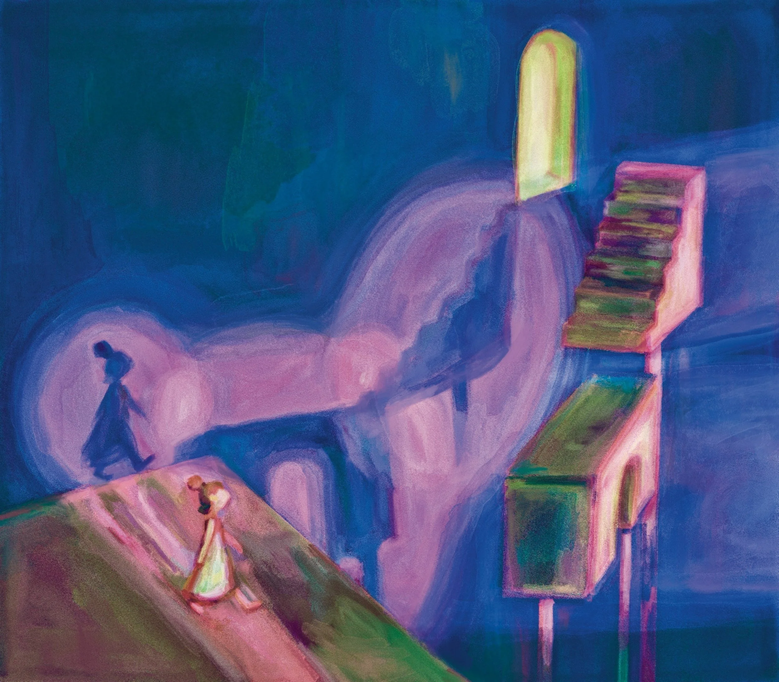 The Projected Path, 2026.

She climbs upwards across an impossible gap, where only her silhouette manages to reach the open door.