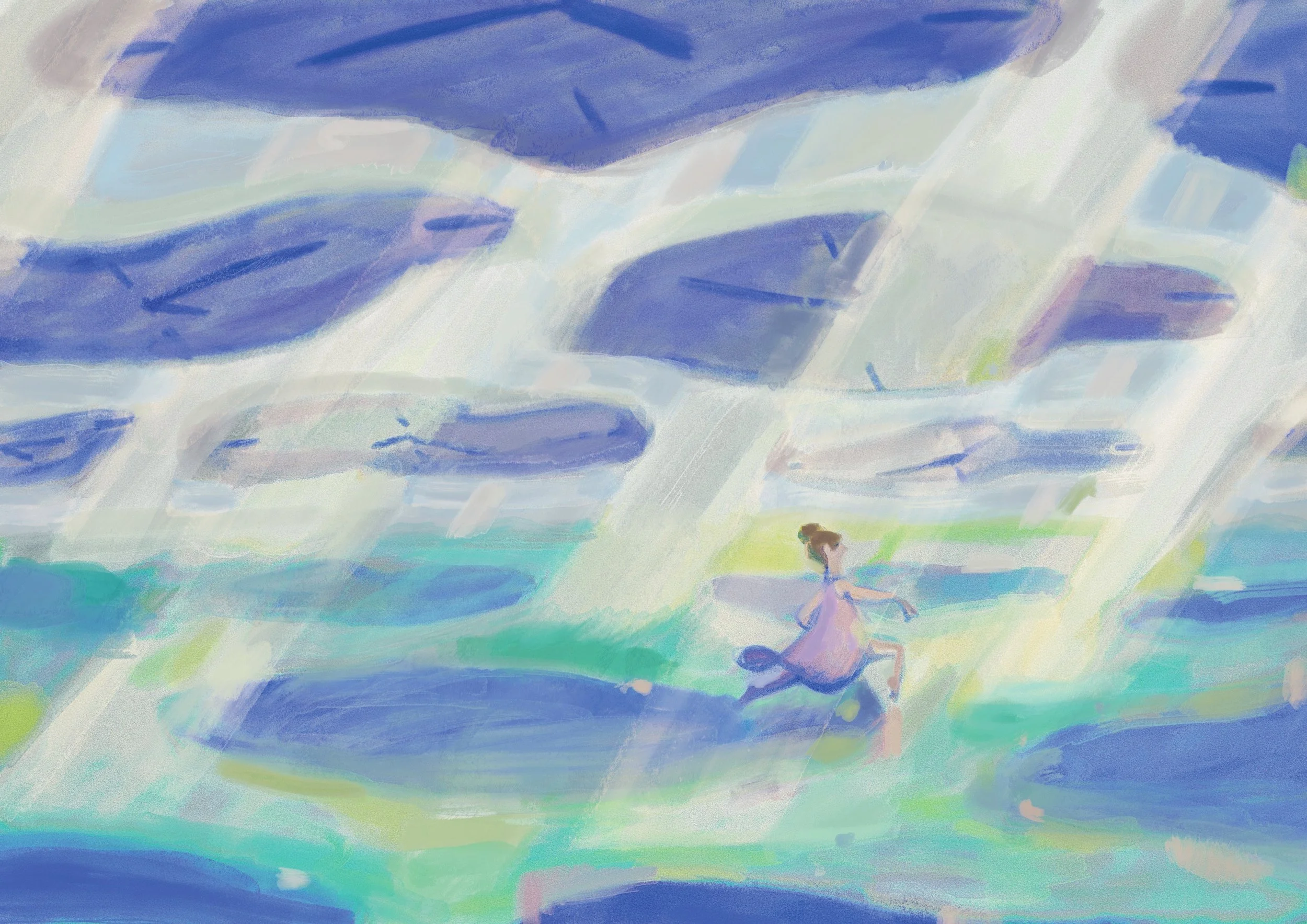 Outrunning the Shadow of the Hours, 2026.

Sprinting with buoyant urgency beneath suspended clocks, racing to outrun their shifting shadows.