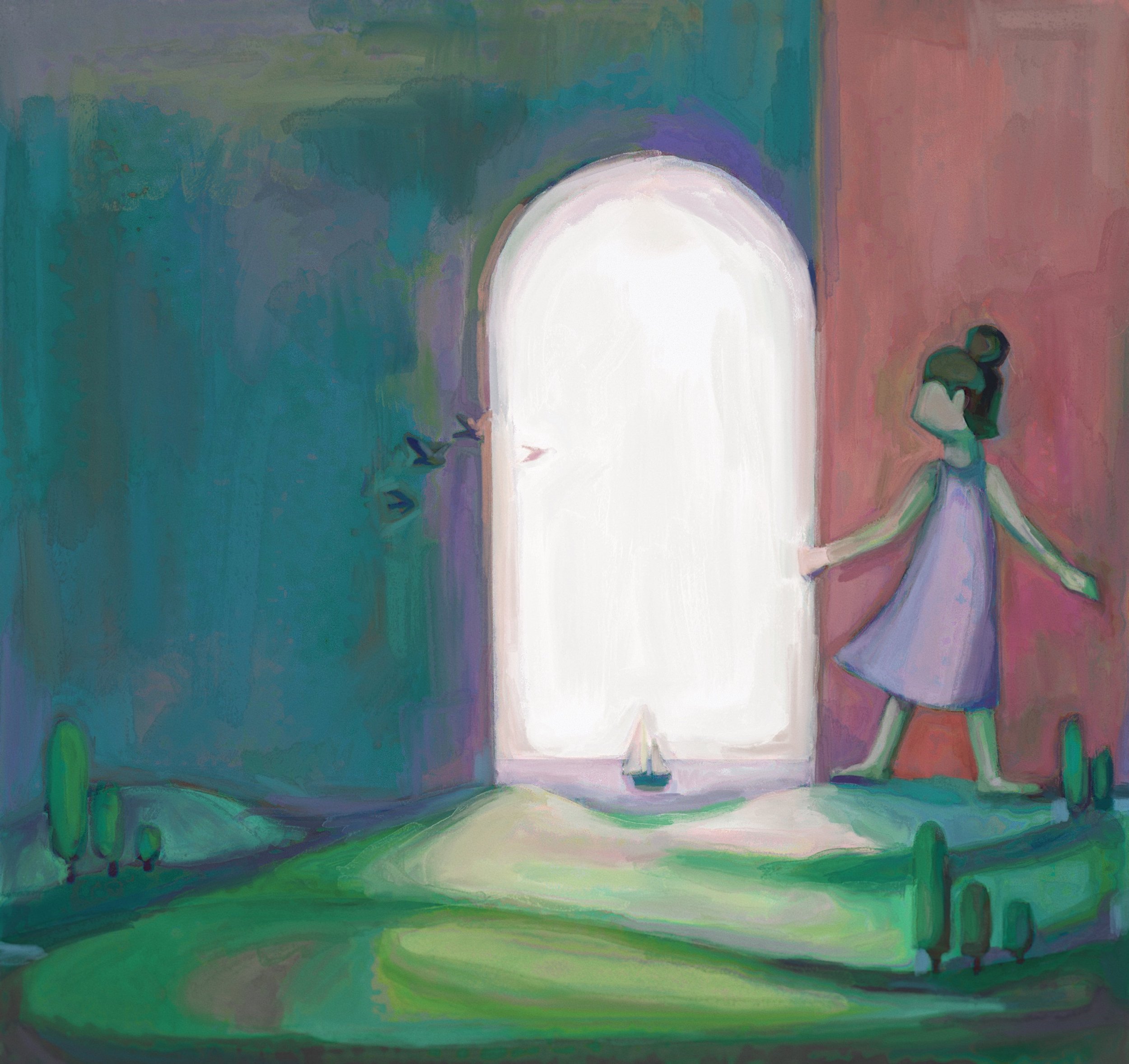 Beyond the Painted Stage, 2026.

A painted room masquerading as the wild, opening onto an ocean bleached by blinding light.