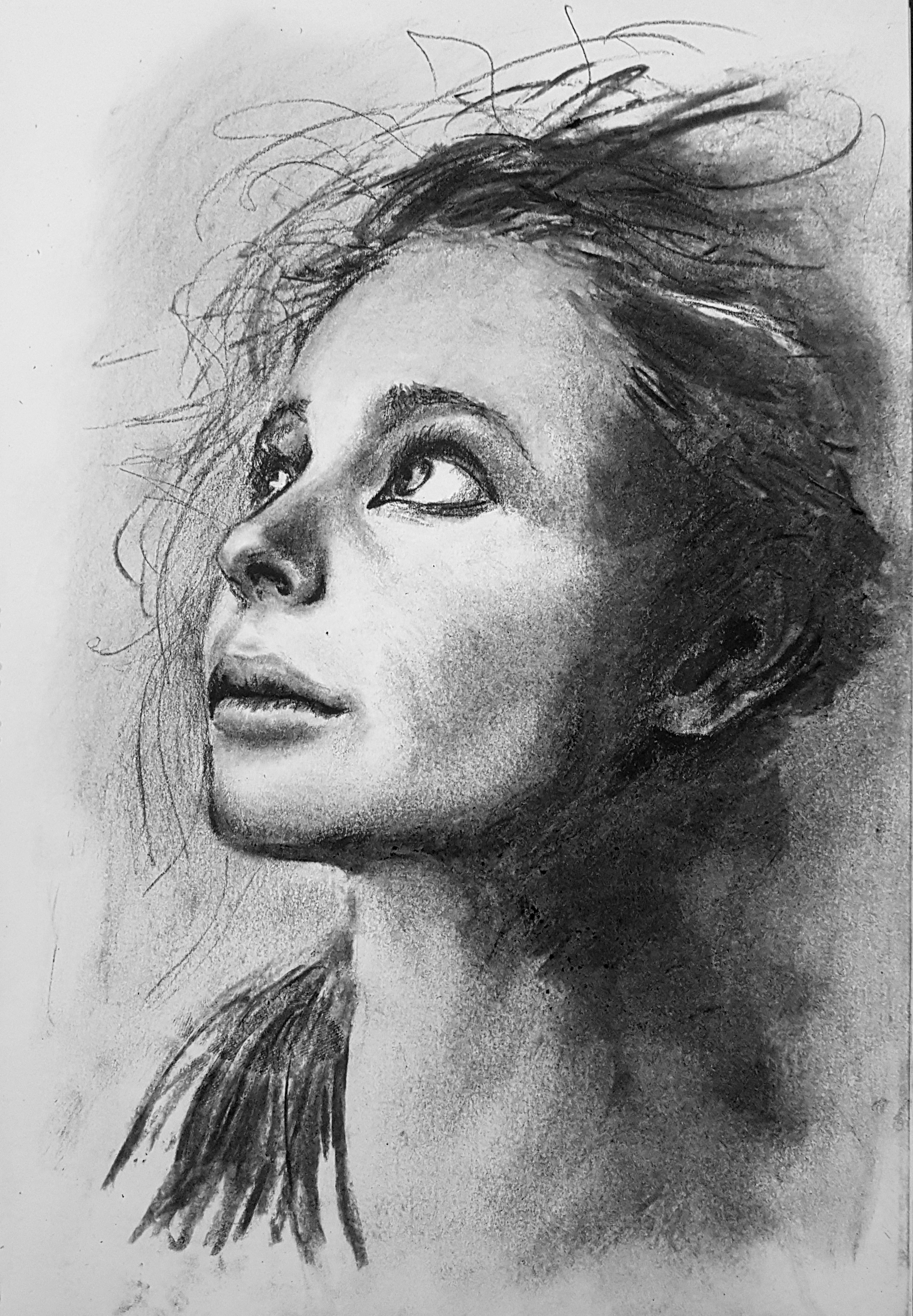 A detailed black and white pencil sketch of a woman’s face in three-quarter view, with long, flowing hair and expressive eyes.