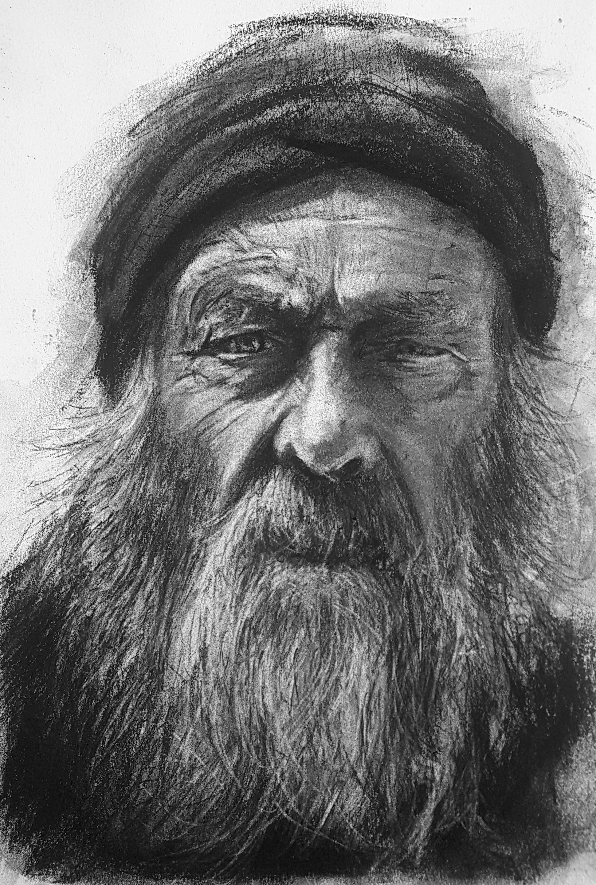 A black and white charcoal or graphite drawing of an elderly man's face, showing detailed facial features including wrinkles, a beard, and a contemplative expression.