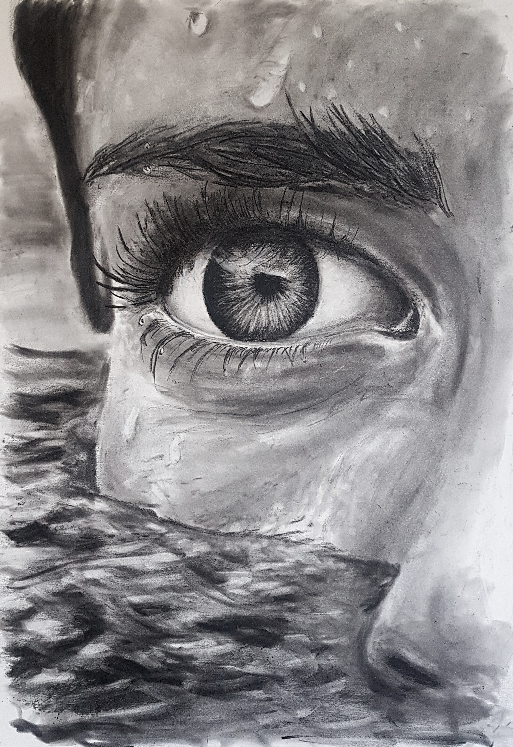 A realistic pencil drawing of a human eye with detailed eyelashes, iris, and surrounding skin texture.
