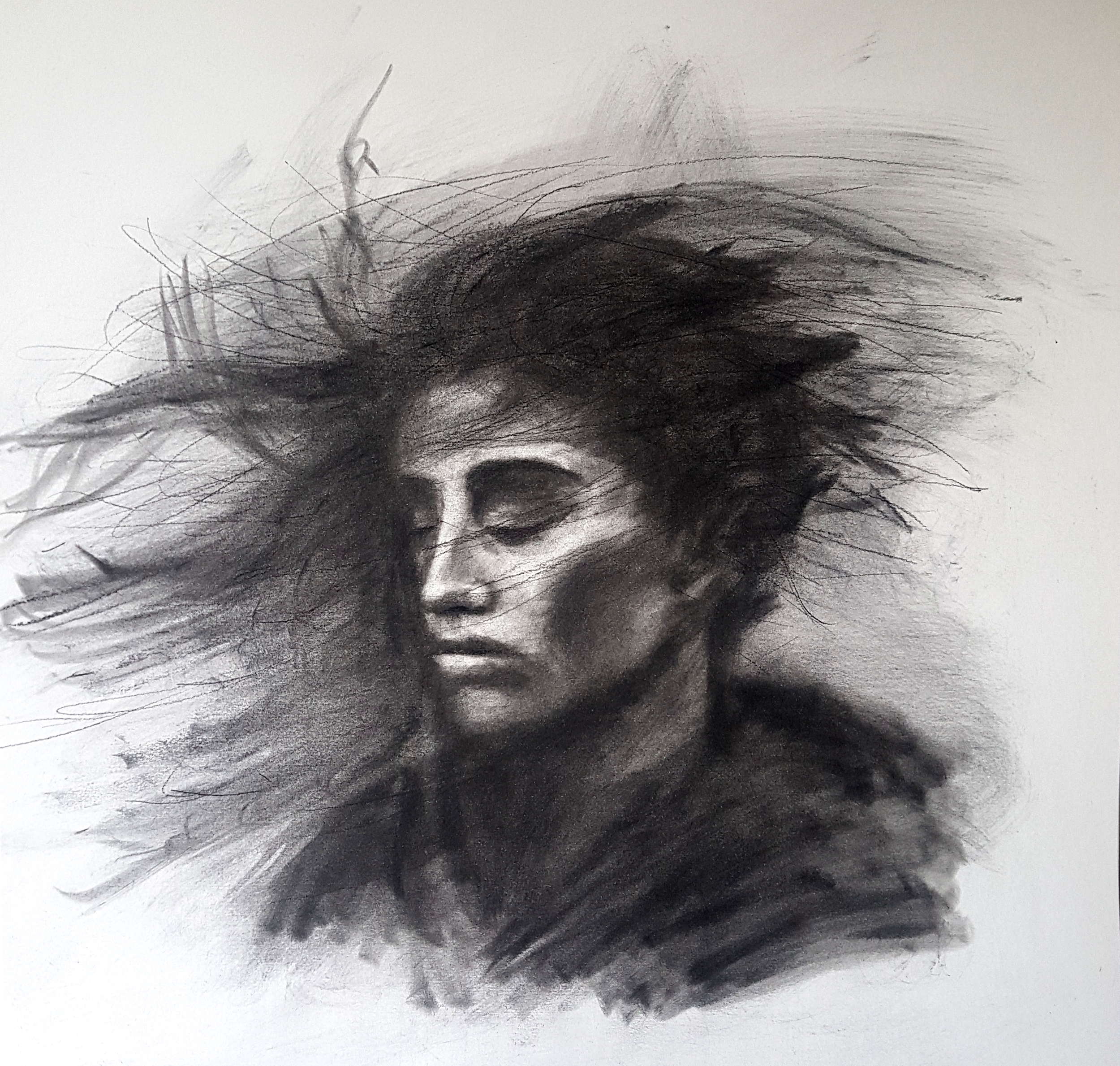 A black and white pencil drawing of a woman's face with long, flowing hair.