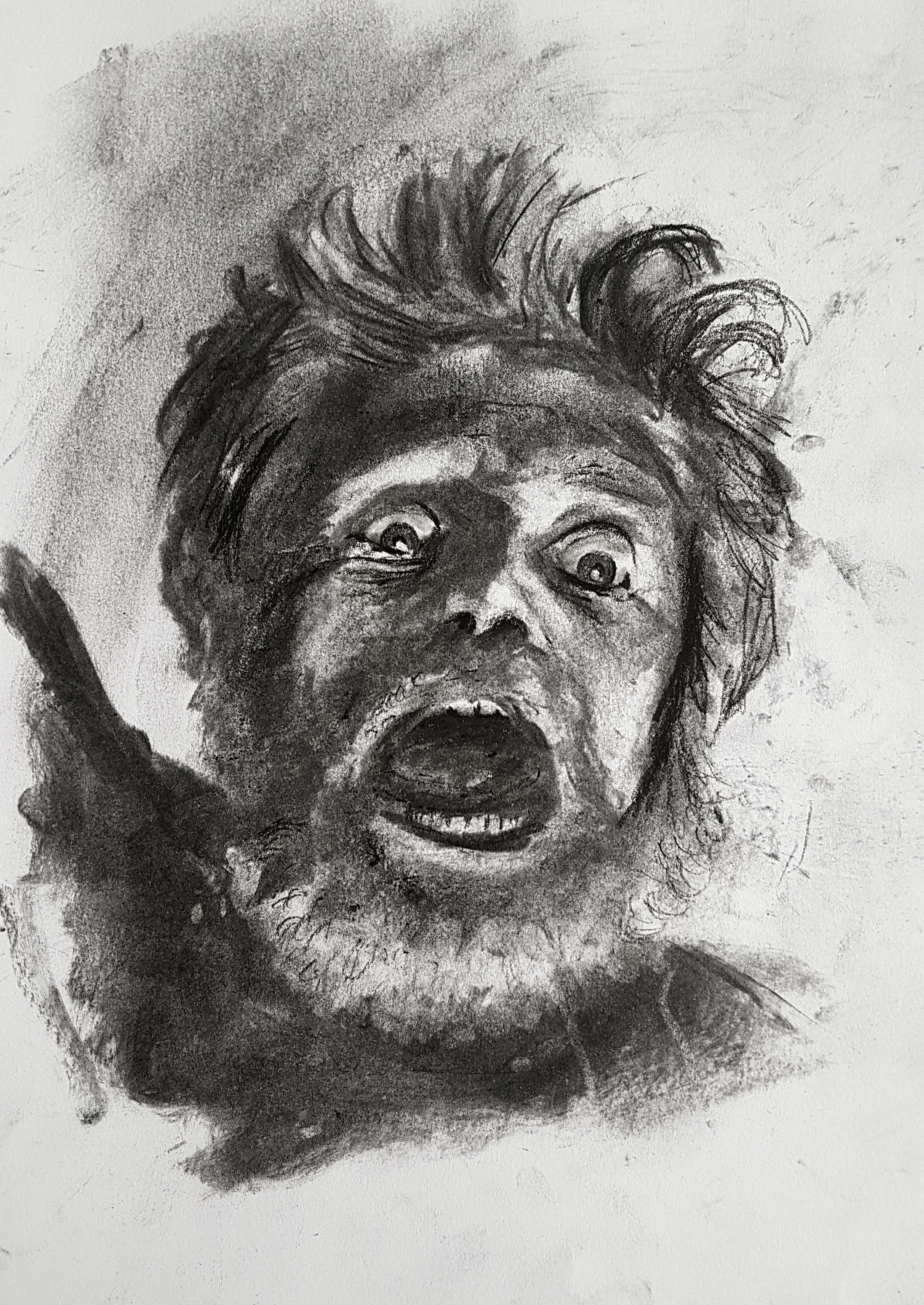 A charcoal sketch of a woman's face with an expression of shock or surprise, mouth open, eyes wide, and hair in loose curls.
