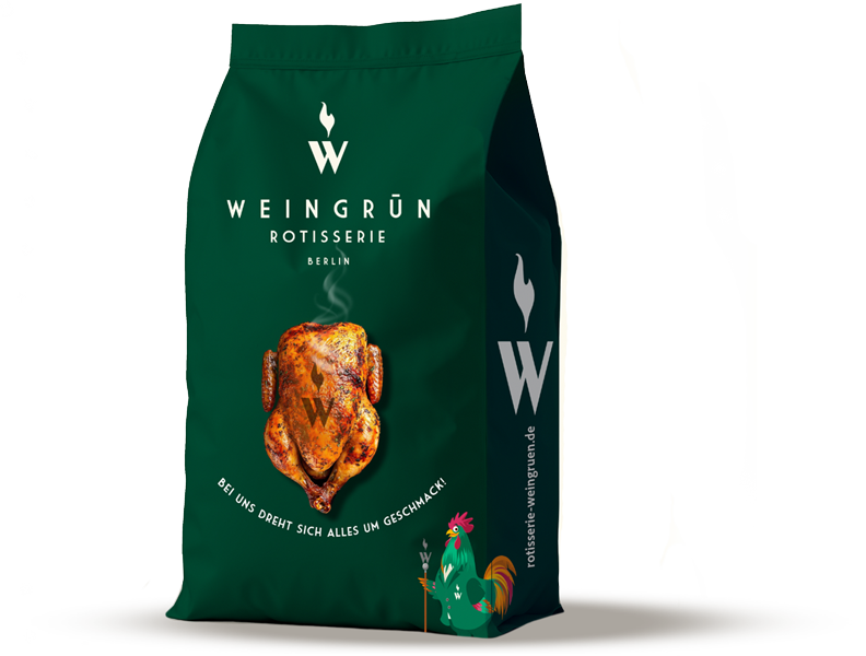 Take Away verpackung der Marke "Weingrün Rotisserie" und einem Bild eines gebratenen Hähnchens, darunter ein kleines Huhn.