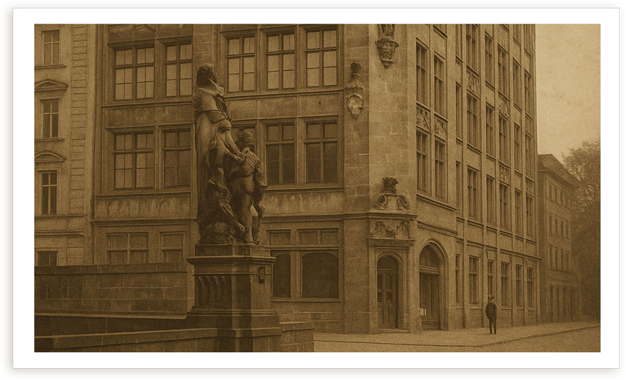Historisches Gebäude Gertraudenstraße / Friedrichsgracht mit Skulptur von der der heiligen Gertrud von Nivelles, einsamer Mensch geht auf der Straße