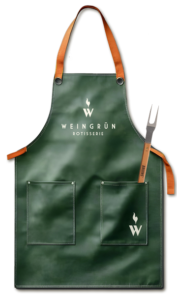 Grüne Schürze mit Taschen und einem Grillwender, das Logo "WEINGRÜN ROTISSERIE" und ein W aufgedruckt.