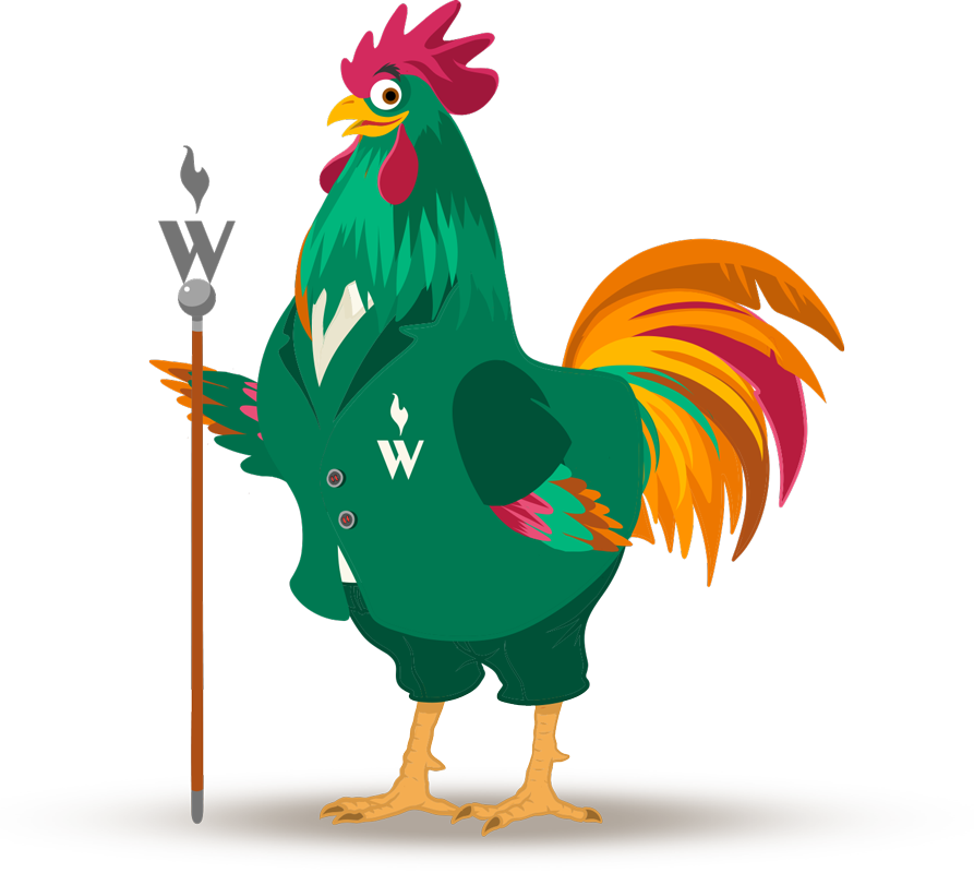 Ein illustrieter Hahn der Rotisserie Weingrün der einen Stock mit Logo hält.