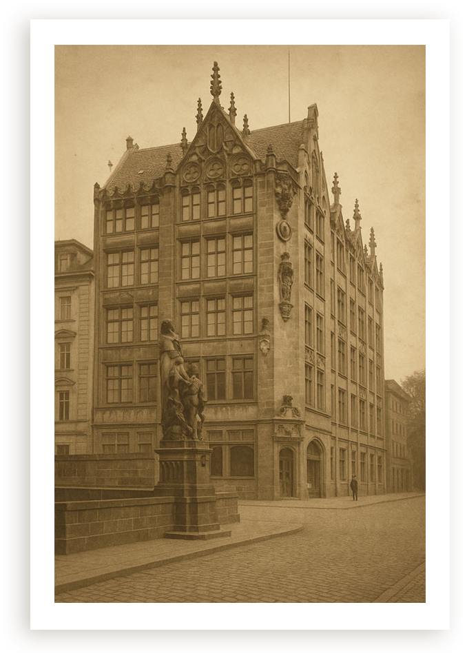 Historisches Gebäude im gotischen Stil in der Gertraudenstraße 10-12 im Berliner Ortsteil Berlin‑Mitte mit aufwändigen Verzierungen und Skulpturen, an einer gepflasterten Straße in einer Stadt.