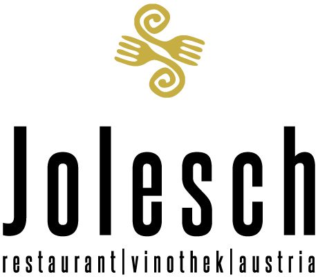 jolesch Logo mit goldenen, verschlungenen Händen, die eine Spirale halten, und darunter die Worte 'Restaurant Vinothek Austria".