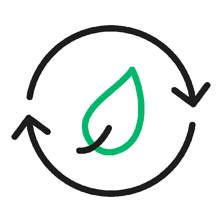 Recycling symbol with a leaf in the centre, indicating eco-friendly or sustainable practices.