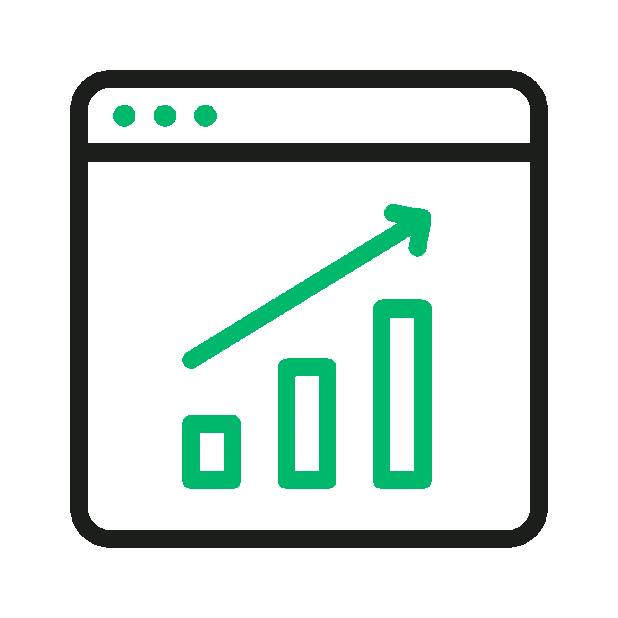 Web browser window displaying a bar chart with an upward trending arrow symbolising growth or increase, representing Competitive Advantage.