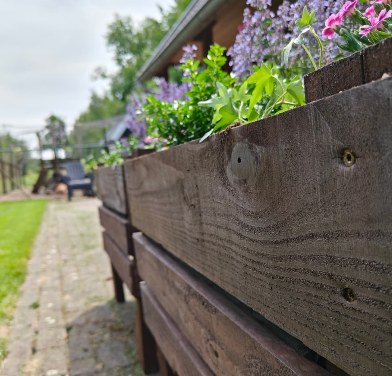 Close-up van een houten plantenbak met bloemen.