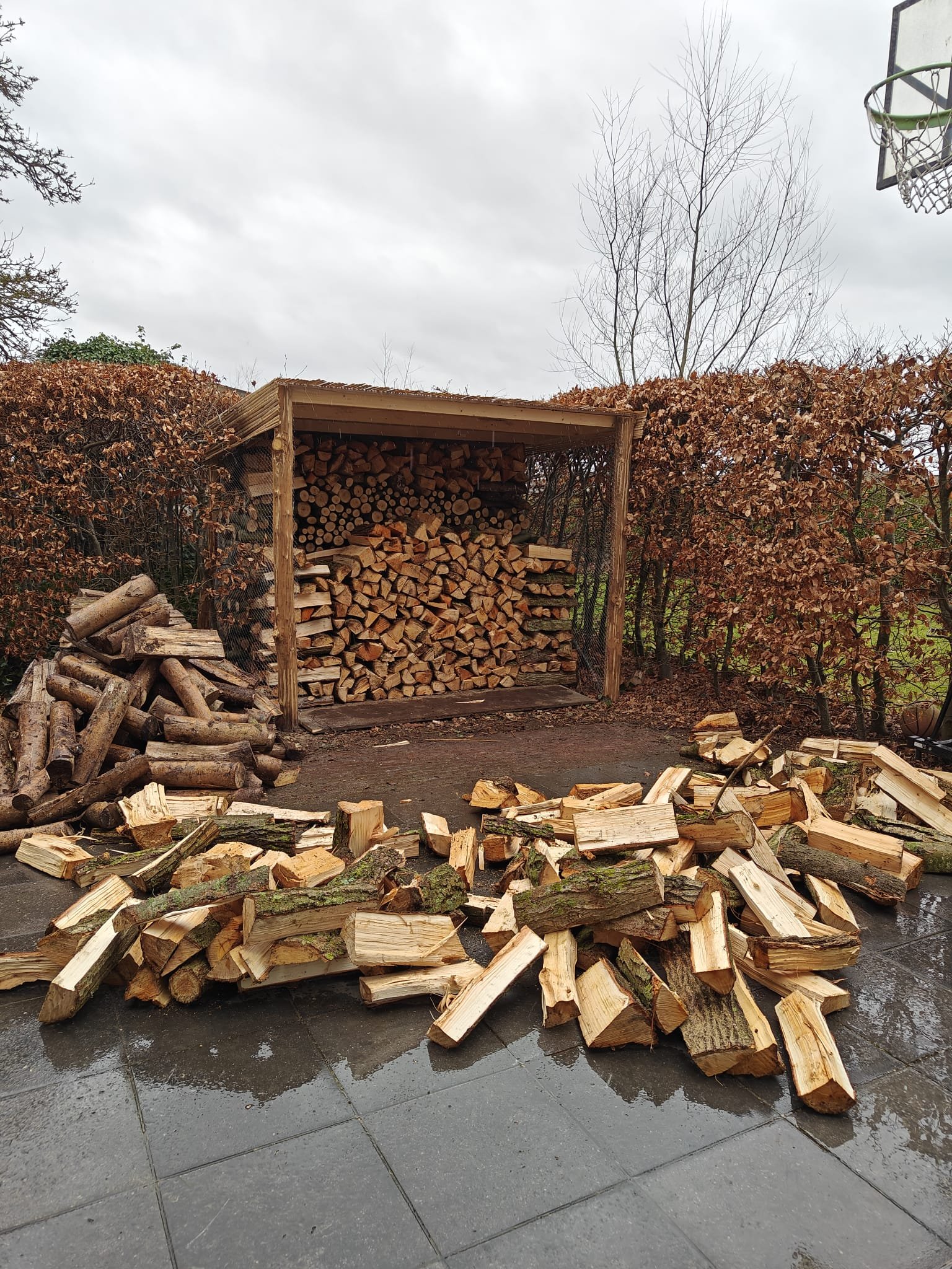 Houtblokken en houtstapels in naast een houten kot.