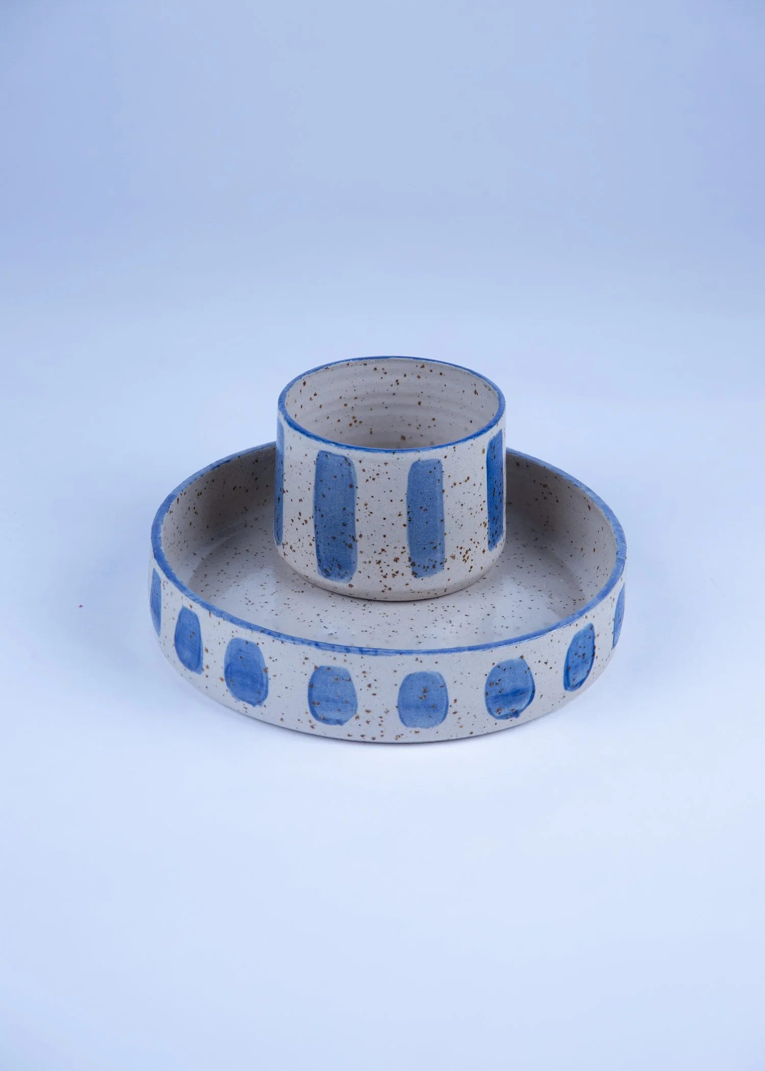 Stoneware Cup & Small Bowl Set in Crème and Blue