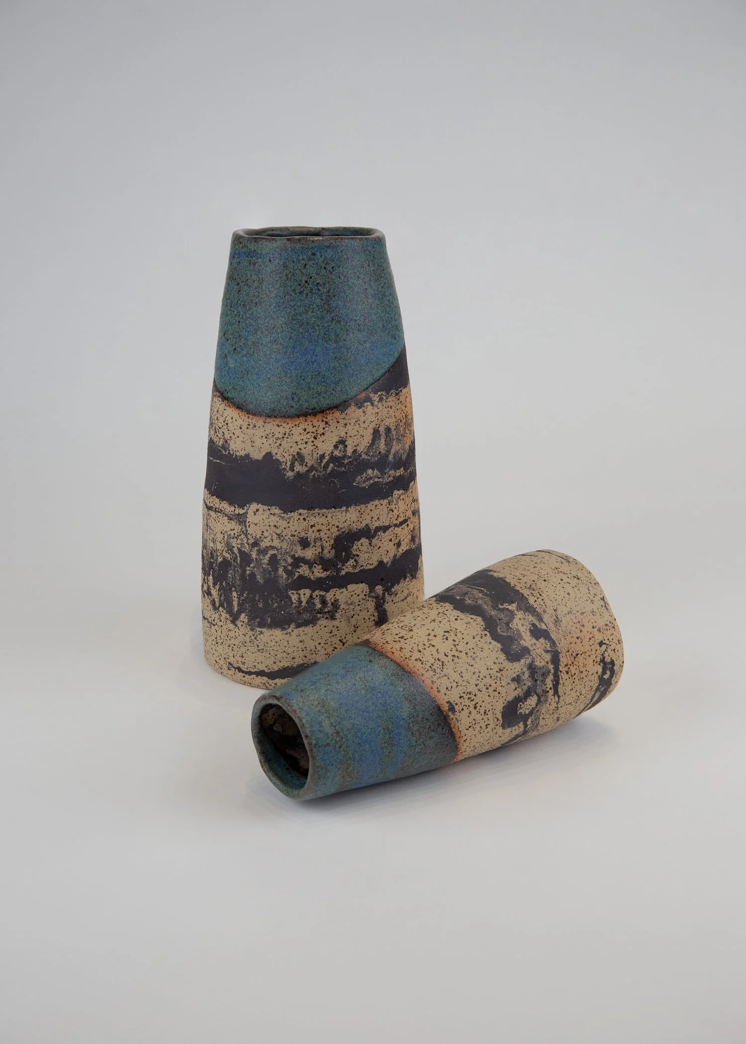 Beige–Black–Blue Stoneware Vase, Blue Glaze