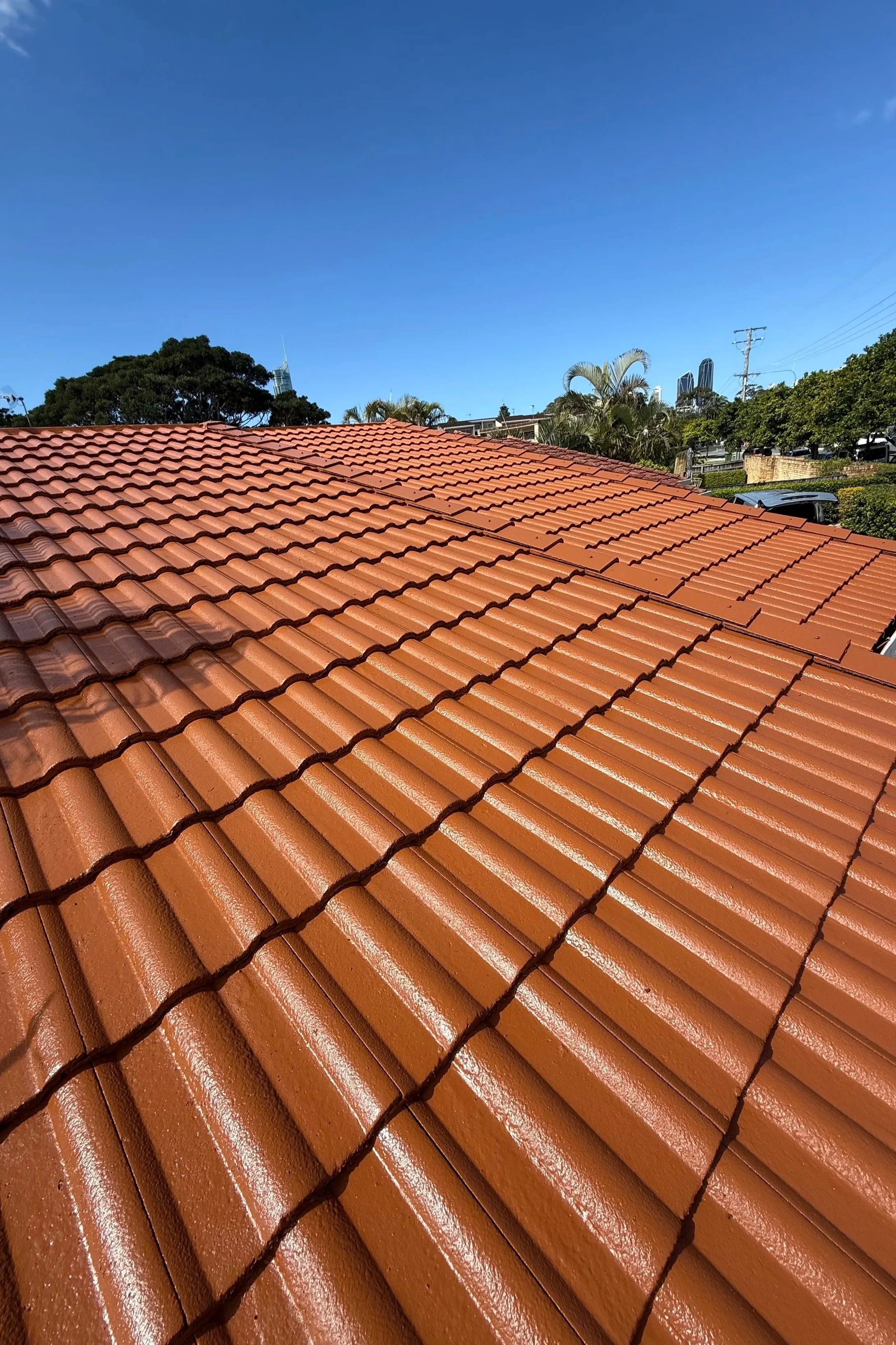 Close-up of brown terracotta roof tiles on a sunny day, with a clear blue sky and trees in the background.