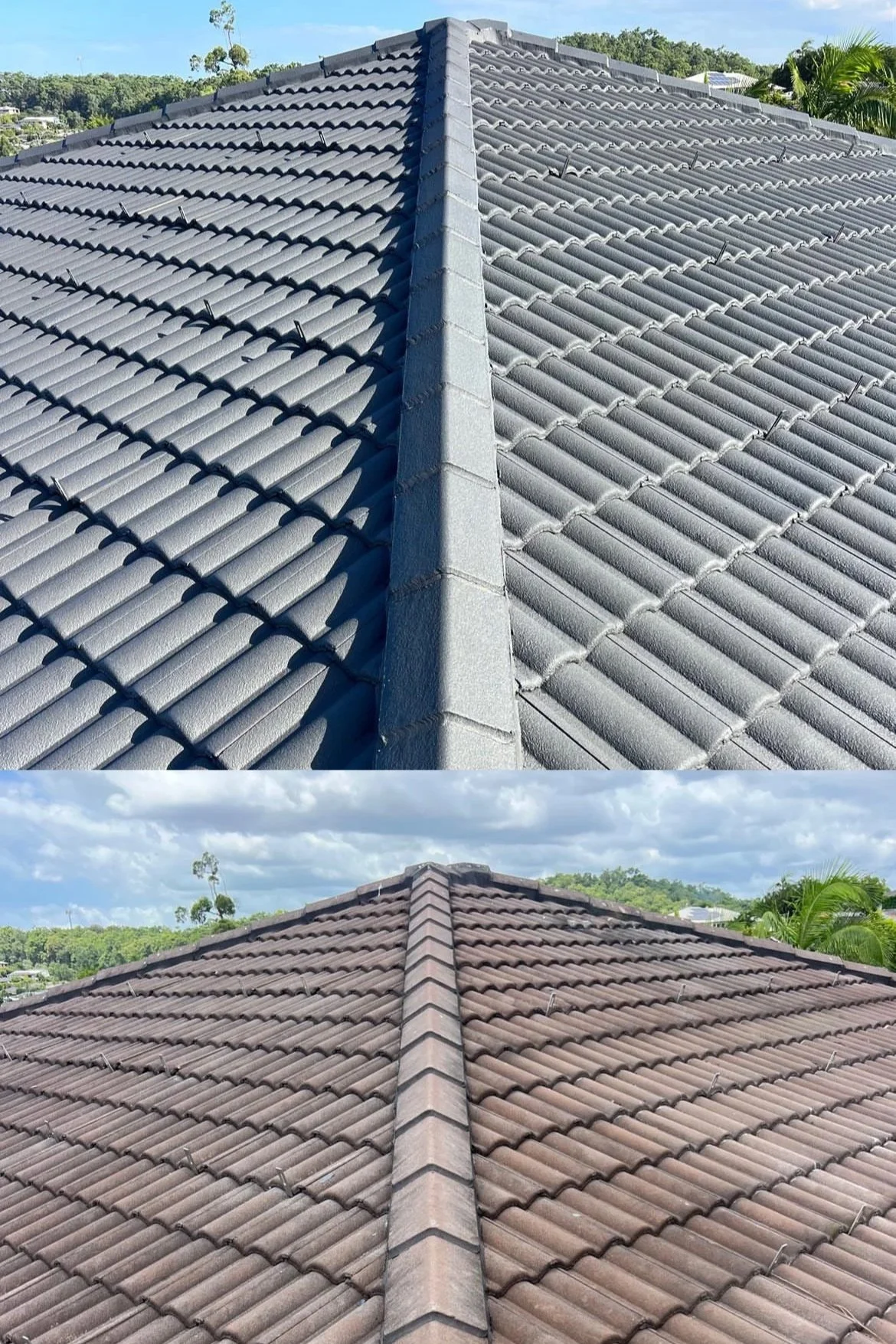 Comparison of two roof tiles, top shows gray tile roof, bottom shows brown tile roof, both with overlapping curved tiles.